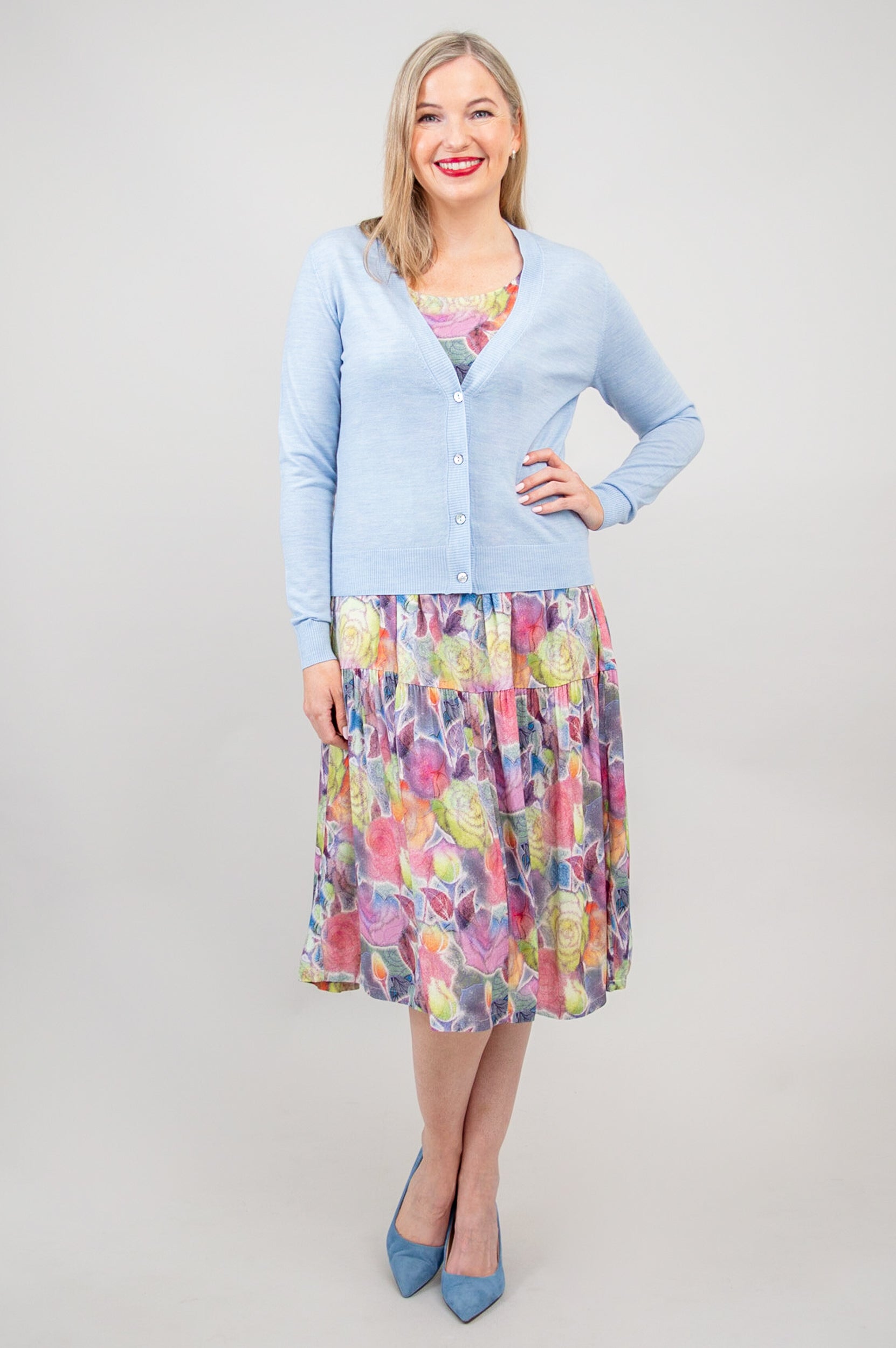 Camila Cardigan - Cerulean Blue Merino Wool Sweater for Women | Cozy Winter Wear & Office Outfit