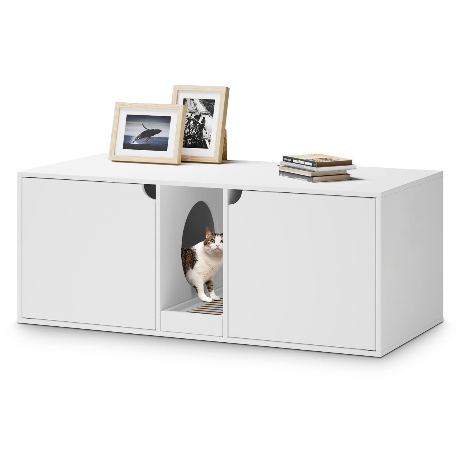 Modern Wooden Cat Litter Box Enclosure for 2 Cats - Stackable Large Cat Washroom Storage Cabinet with Removable Tray - Multi-Functional Bench & End Table Furniture (White) - Perfect for Living Rooms, Bedrooms & Small Spaces