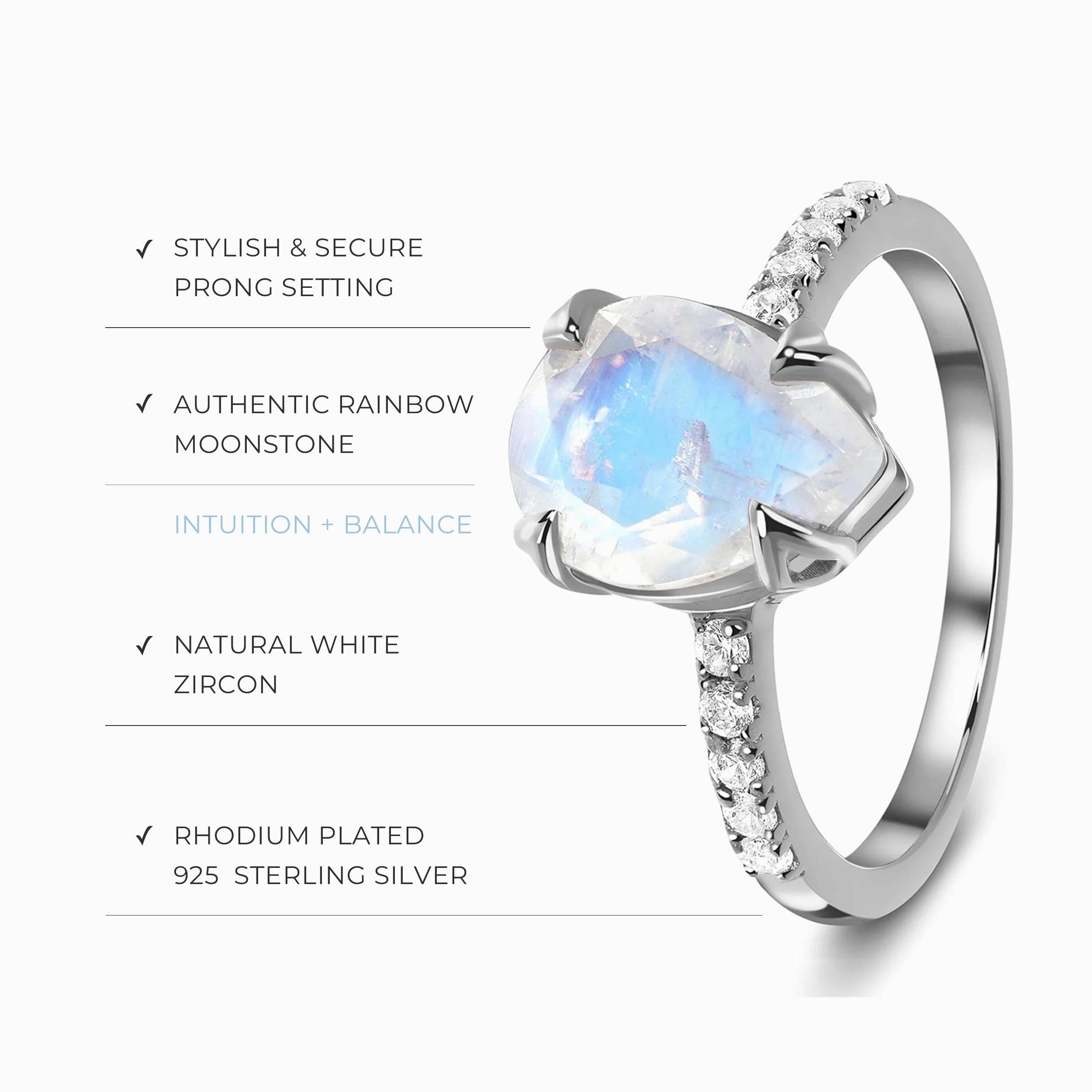 Moon Magic - Genuine Rainbow Moonstone, Ruby, Garnet, Rose Quartz, Obsidian, Amethyst & Opal Rings in 925 Sterling Silver & 18k Rose Gold - Women's Birthstone Jewelry for Everyday Wear, Gifts & Special Occasions