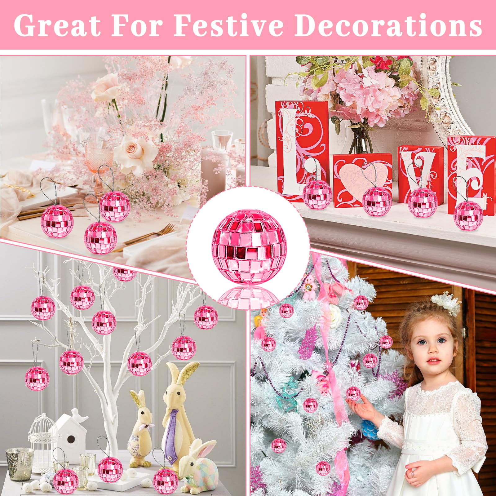 24-Pack Pink Disco Ball Decorations - Mini Hanging Mirror Balls with Rope for Christmas Tree, Wedding, Dance Party & Music Festival Decor | Cake Topper & Home Disco Lighting
