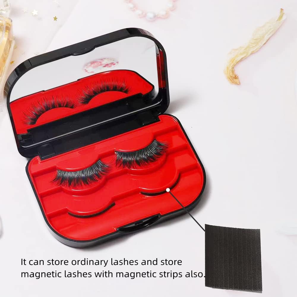 3 Tier Eyelash Storage Case - Black & Red Lash Organizer with Mirror & Tweezers | Makeup Cosmetic Travel Case for False Eyelashes | Perfect for Salon, Home Use & Travel Accessories
