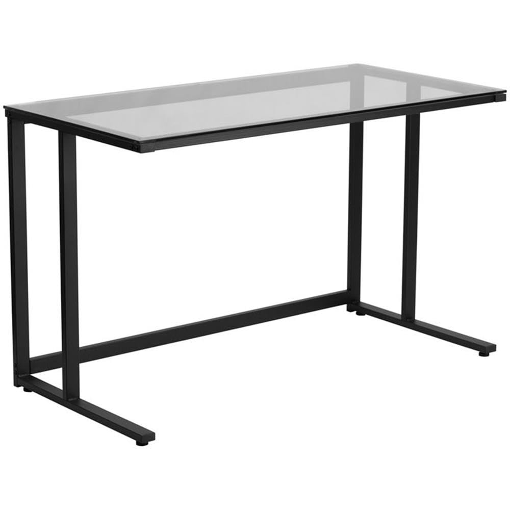 Flash Furniture Singleton Glass Desk with Black Pedestal Metal Frame - Modern Office Desk for Home & Workspace - Perfect for Small Spaces, Study Rooms & Home Offices