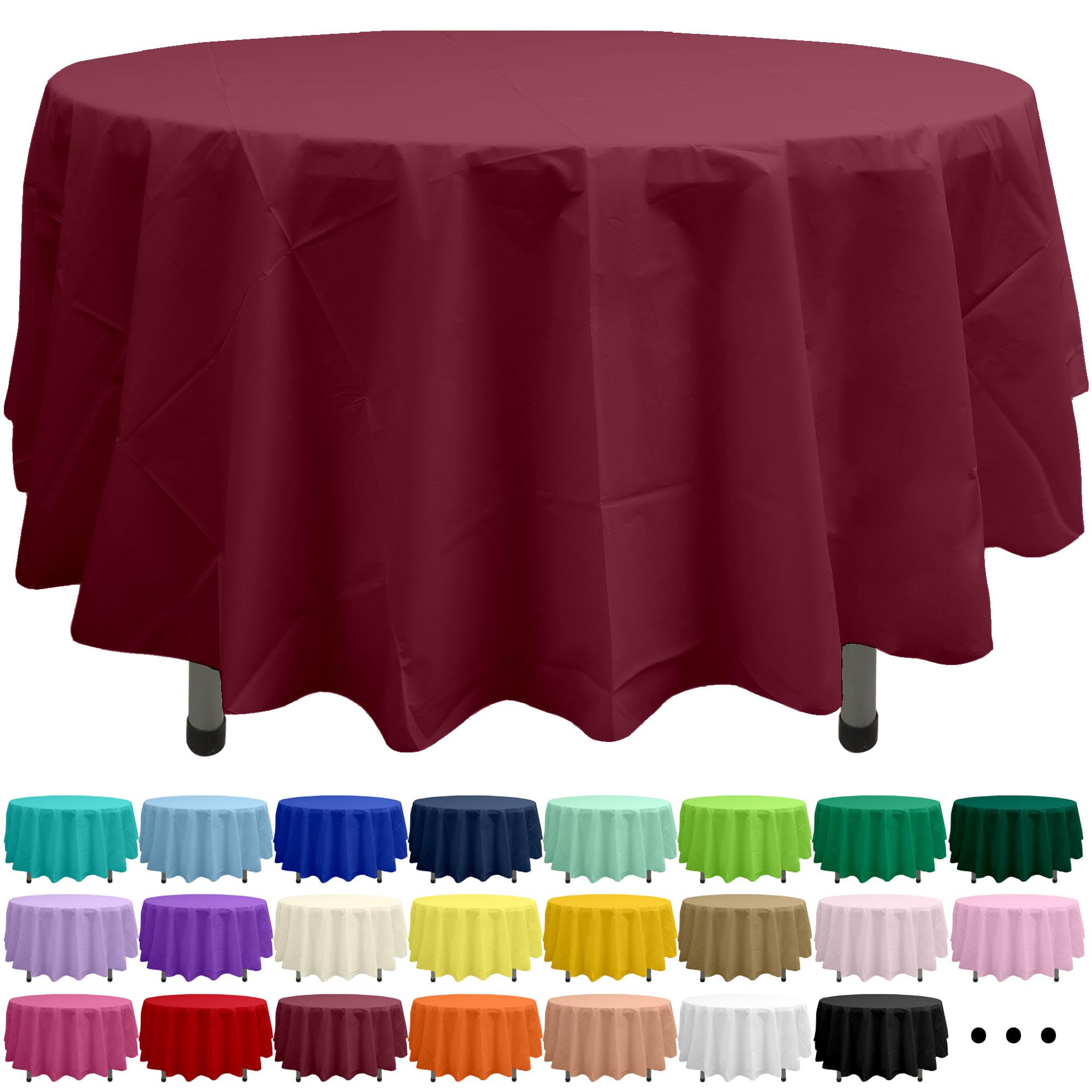 Burgundy 2-Pack Plastic Tablecloths - 84 Inch Round Disposable Maroon Wine Red Table Covers for Dining, Birthday, Wedding, Picnic & Outdoor Events | Durable Party & Holiday Decorations