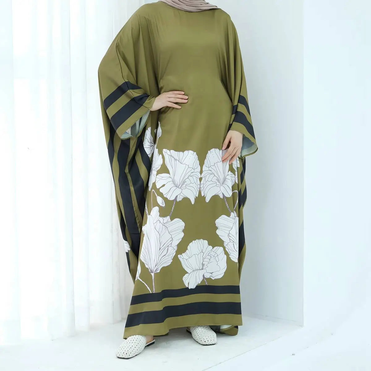 Elegant Satin Abaya Dress with Butterfly Sleeves - Floral Printed Islamic Prayer Dress in Maroon, Green, Pink & White - Perfect for Eid, Ramadan & Special Occasions