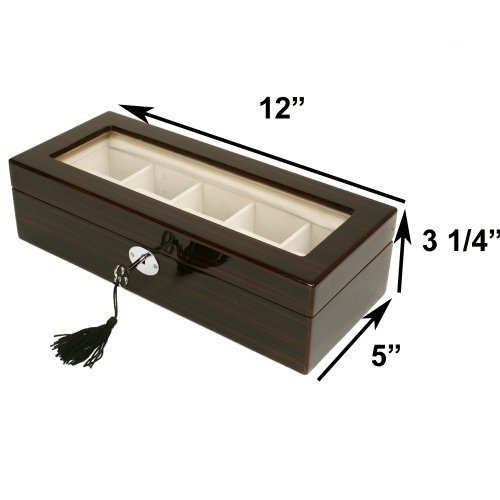 Luxury Wooden Watch Box with 5 Slots - Distressed Wood Grain, Black Brown Finish, Glass Window & Lock Key - Perfect for Watch Storage & Display in Bedroom, Office, or Travel