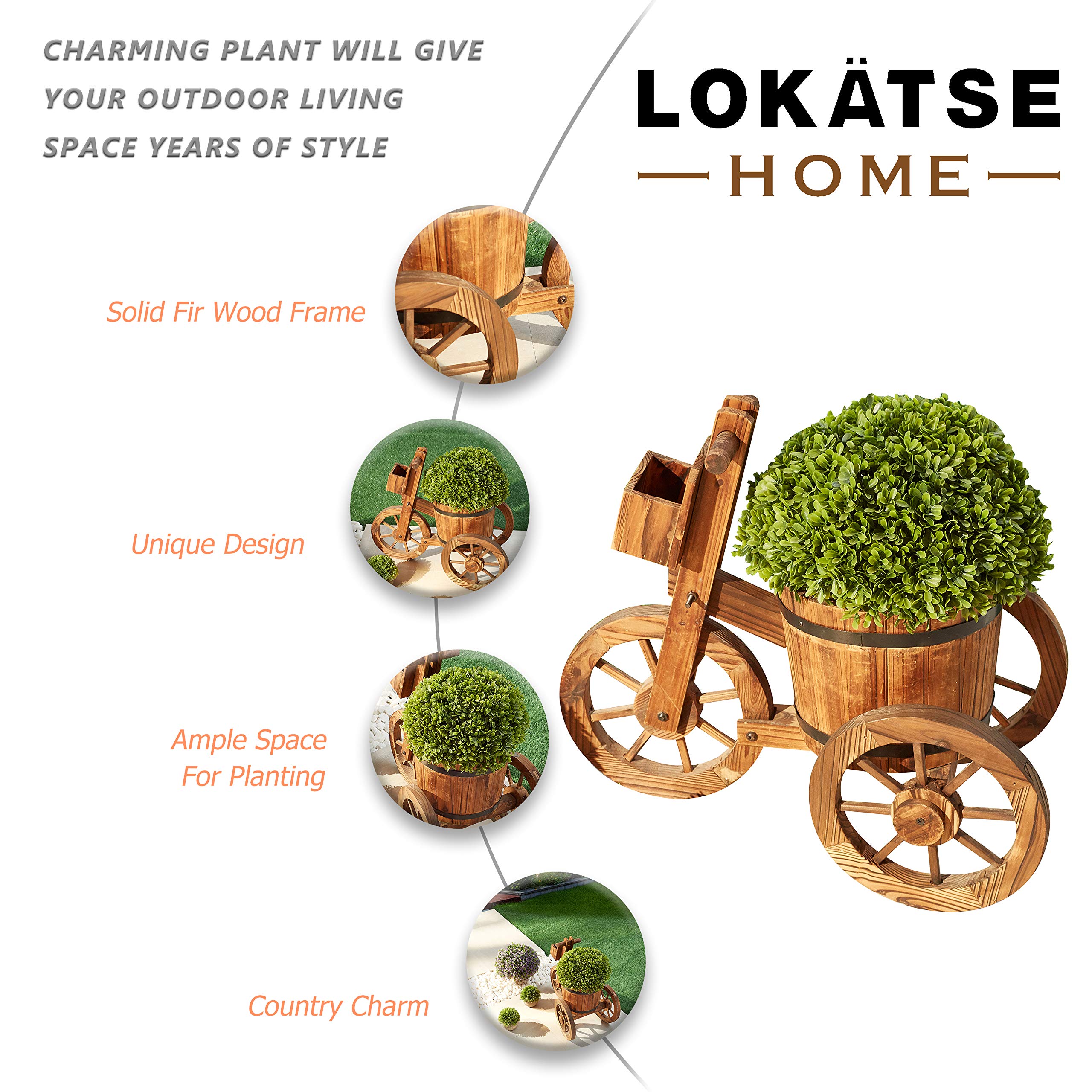 LOKATSE HOME Wooden Barrel Tricycle Planter Wagon - Rustic Garden Decor for Outdoor & Indoor Use - Perfect for Flowers, Plants, and Home Decoration - Brown