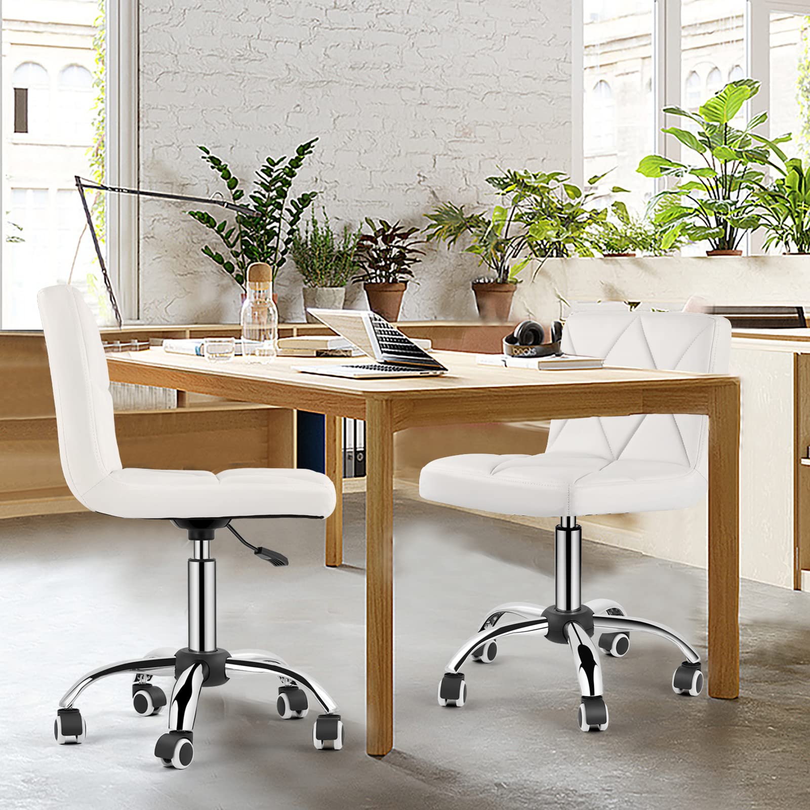 Adjustable Low Back Swivel Office Chair with Rolling Wheels - Armless Executive Desk Chair with Diamond Pattern for Home Office, Computer Work & Barber Shop - White Ergonomic Task Chair for Comfortable Working & Styling
