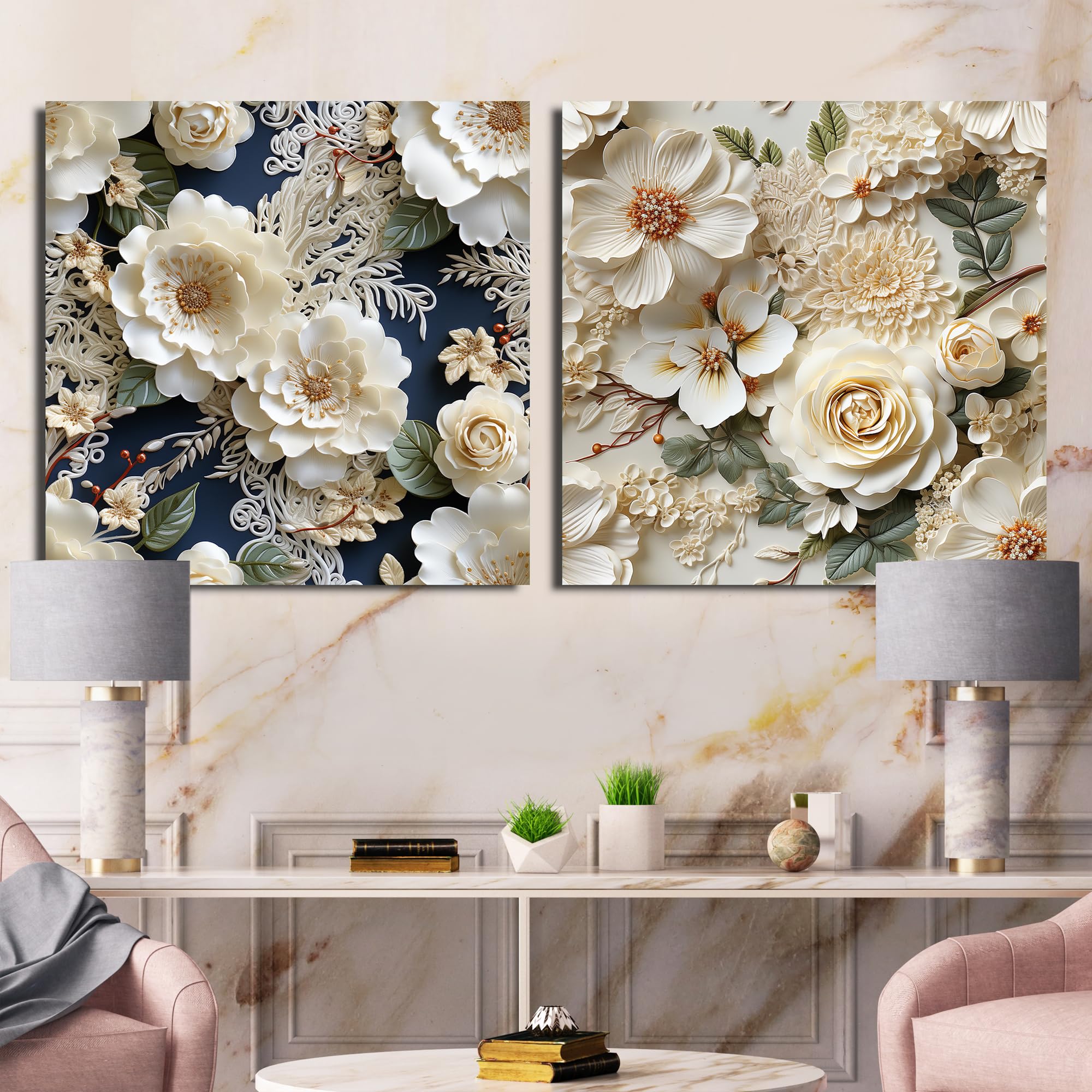 Oversized Traditional Canvas Wall Decor Set - Large White Floral Canvas Wall Art - Vintage Ivory Lace Design (Set of 2, 61x30 Inches) - Perfect for Living Room, Bedroom & Office Decor