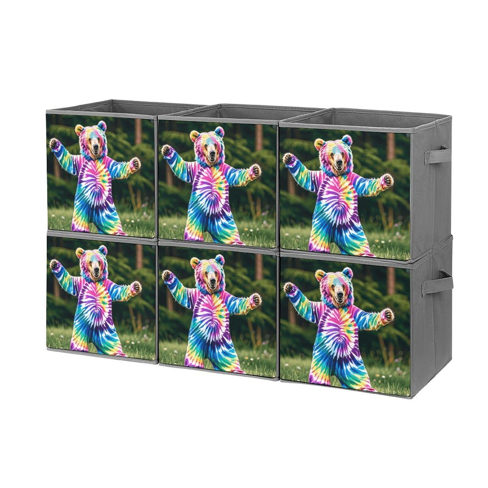 6PCS Collapsible Storage Bins with Handles - Bear Dancing Tie Dye Printed Foldable Organizing Baskets for Shelves, Closet, Kitchen & Bathroom | Space Saving Home Organization Solution for Toys, Clothes & Household Items