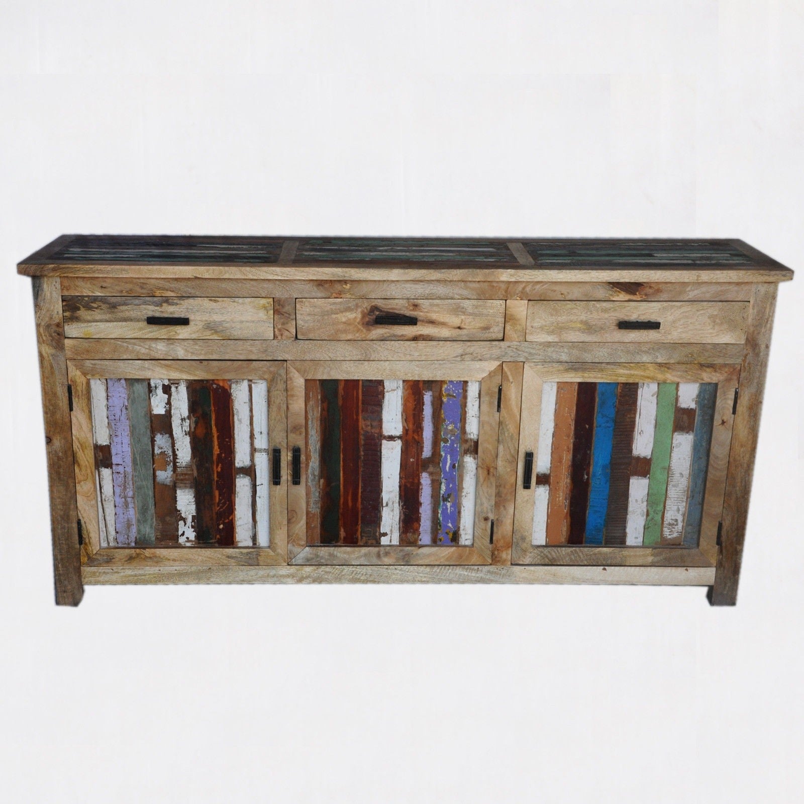 Reclaimed Wood & Mango Wood Large Sideboard Buffet Hutch - Natural Finish 180-200cm - Rustic Dining Room Storage Cabinet for Farmhouse Decor