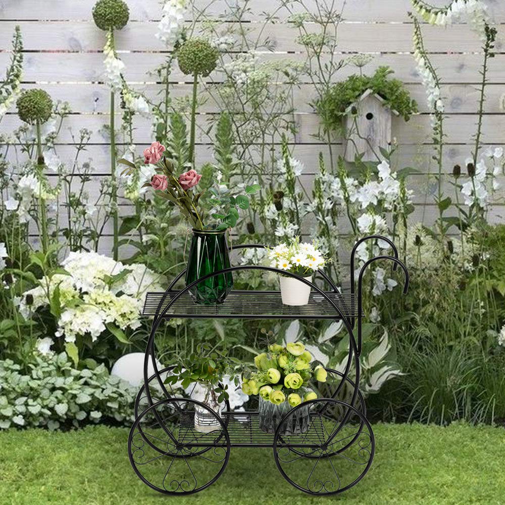 Classic Black Metal Plant Stand with Handle - Indoor Outdoor Flower Pot Holder for Patio, Garden, Home Decor - Perfect for Displaying Plants in Living Room, Balcony or Backyard