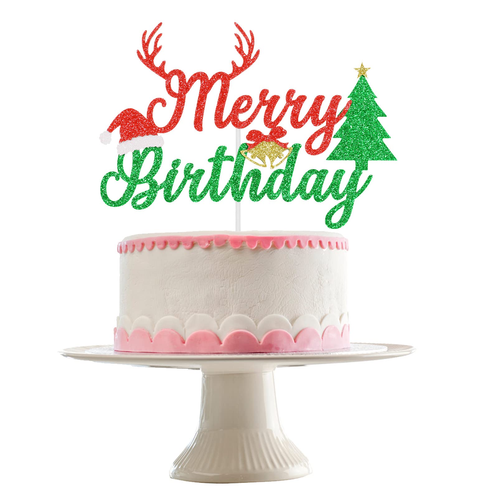 Red and Green Glitter Merry Birthday Cake Topper - Christmas & Xmas Party Decorations for Holiday, Birthday Cakes - Perfect for Christmas Celebrations, Birthday Parties, and Festive Dessert Decorations