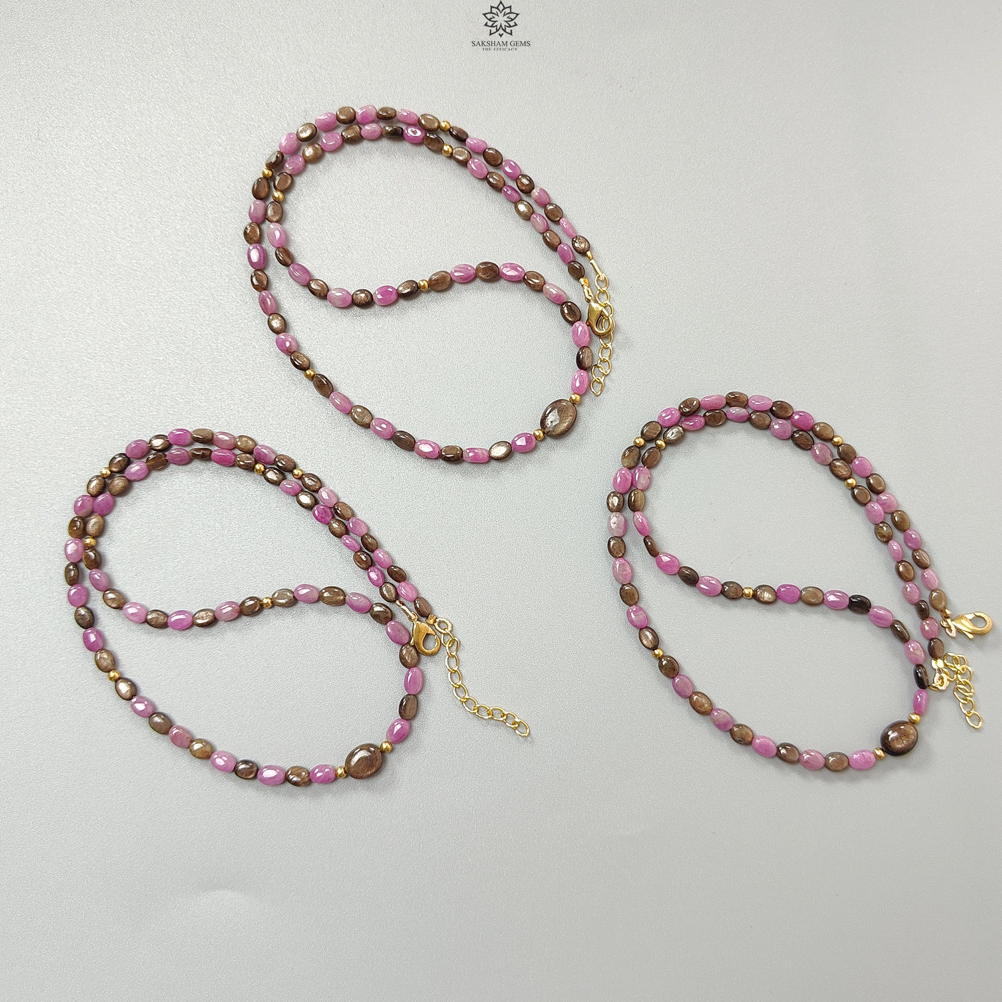 Natural Untreated Golden & Pink Sapphire Gemstone Beads Necklace - Oval Shape Brass Jewelry (18