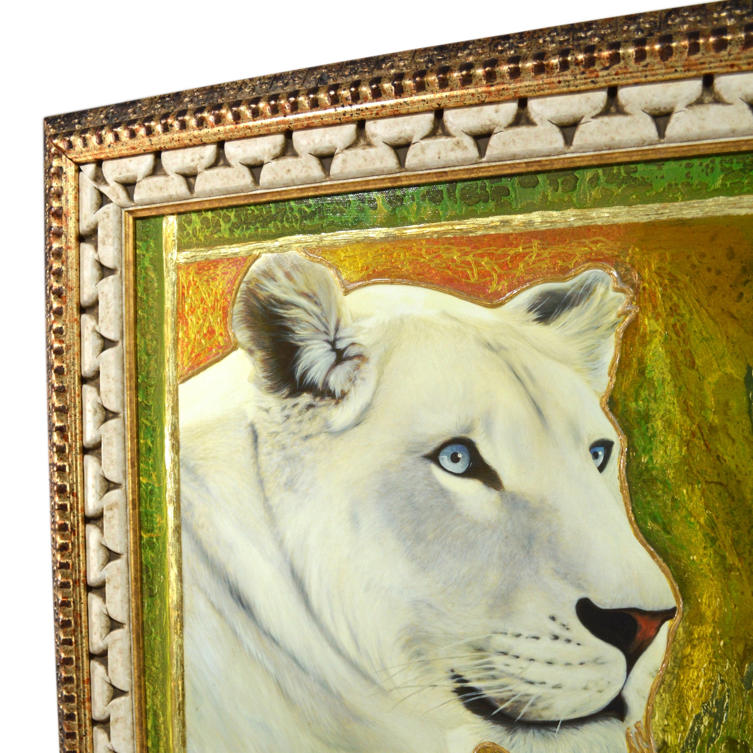 Original Juergen Aldag Mixed Media Painting - Sarmoti White Lion - Rare Artwork for Home & Office Decor