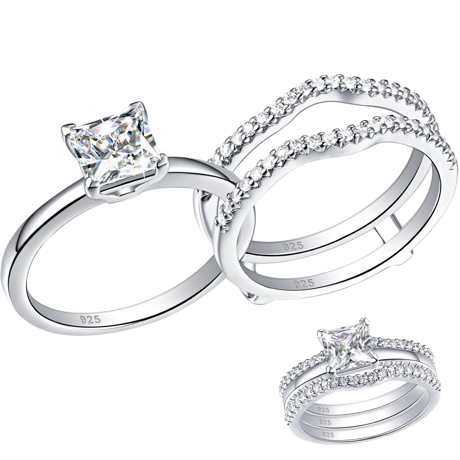 SHELOVES Solitaire Princess CZ Engagement Ring Set with Wedding Band & Ring Guard Enhancer - Sterling Silver Size 5-12 - Perfect for Proposals, Anniversaries & Bridal Jewelry