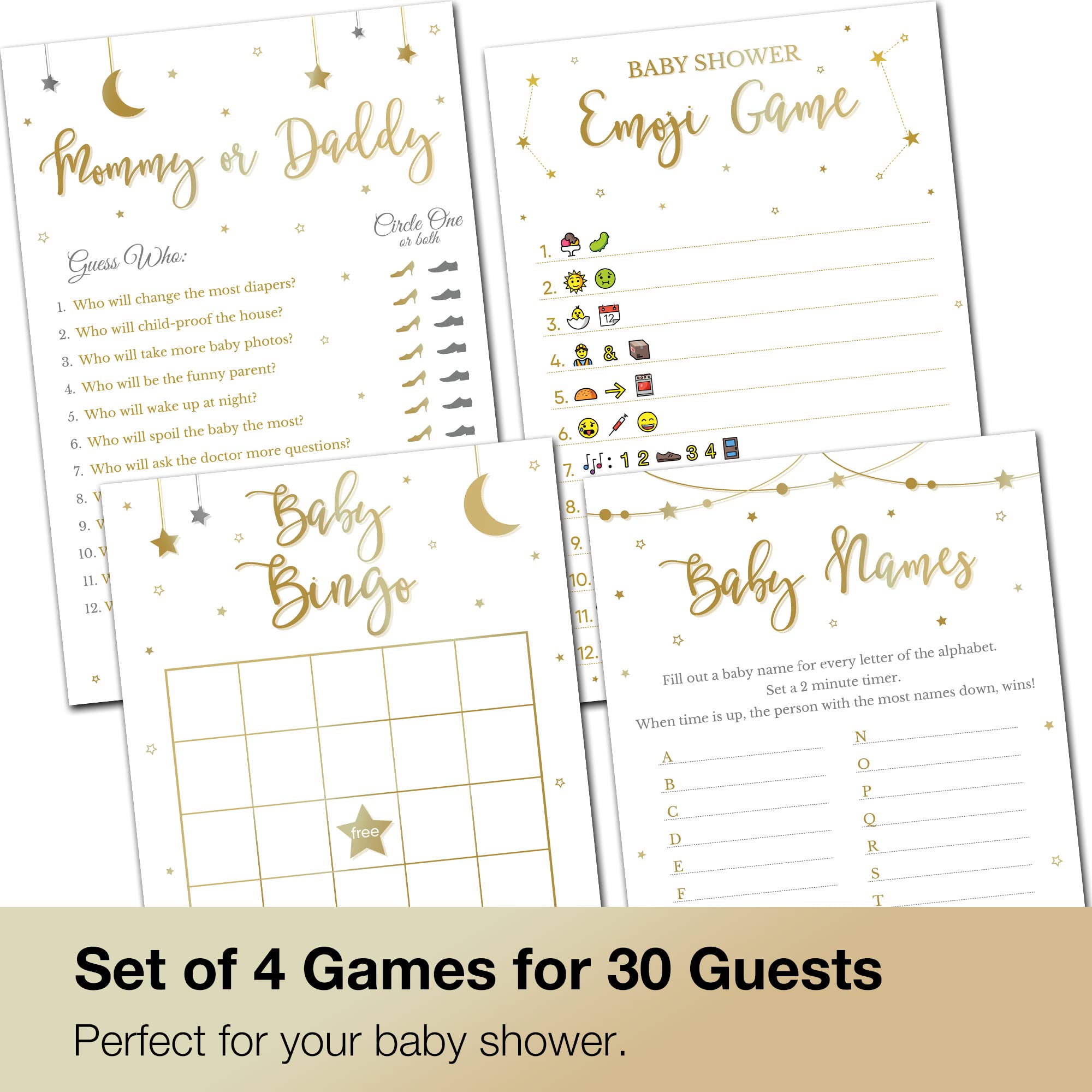 Baby Shower Games Set for Boys & Girls - 4 Fun Party Games for 30 Guests with Double-Sided Cards | Gender Neutral Gold Stars Theme | Perfect for Gender Reveal Parties & Coed Baby Showers