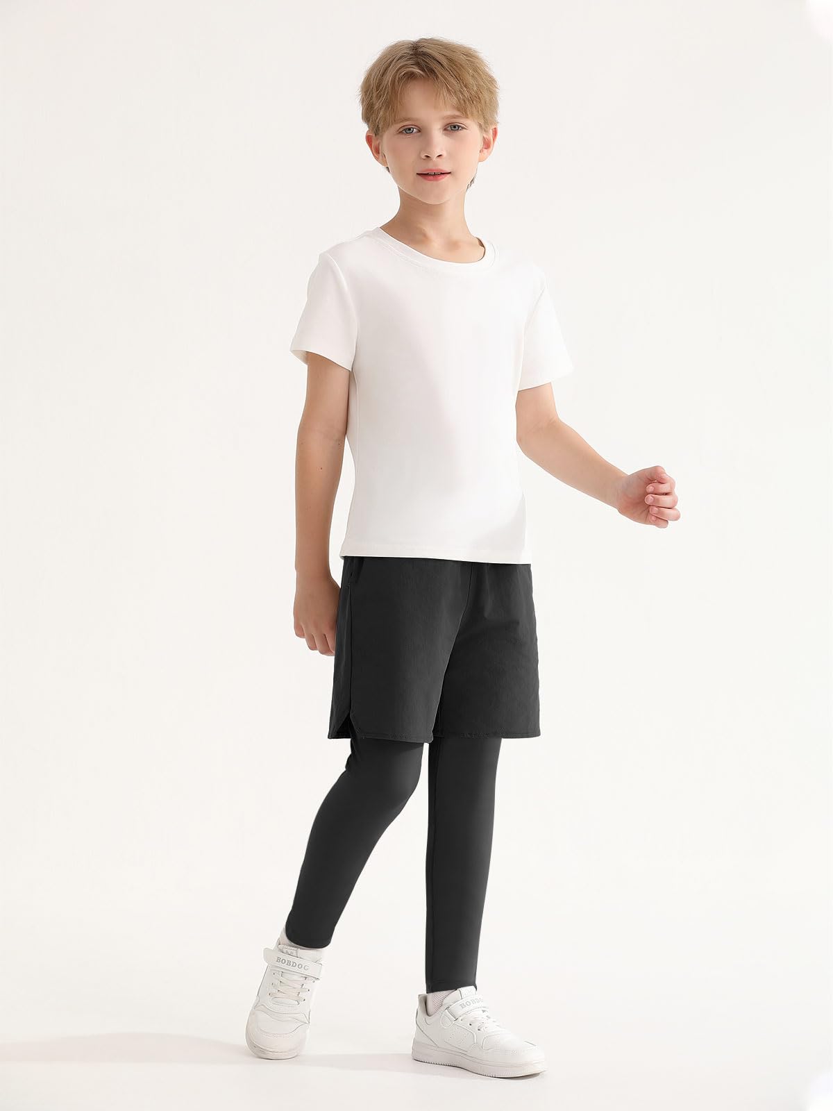 Haloumoning Boys 2-in-1 Athletic Leggings with Built-in Shorts & Pockets - Breathable Running Pants for Kids Ages 5-14 - Perfect for Sports, Gym Class & Outdoor Play