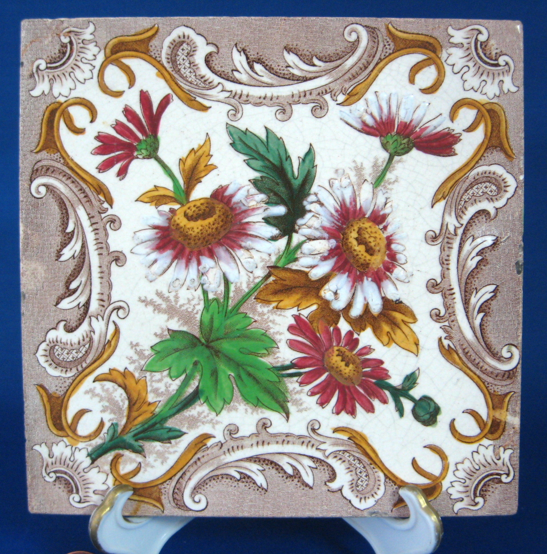 Victorian Transferware Tile with Daisies Design | 1891 English Architectural Tile Trivet | Perfect for Kitchen, Dining, or Home Decor