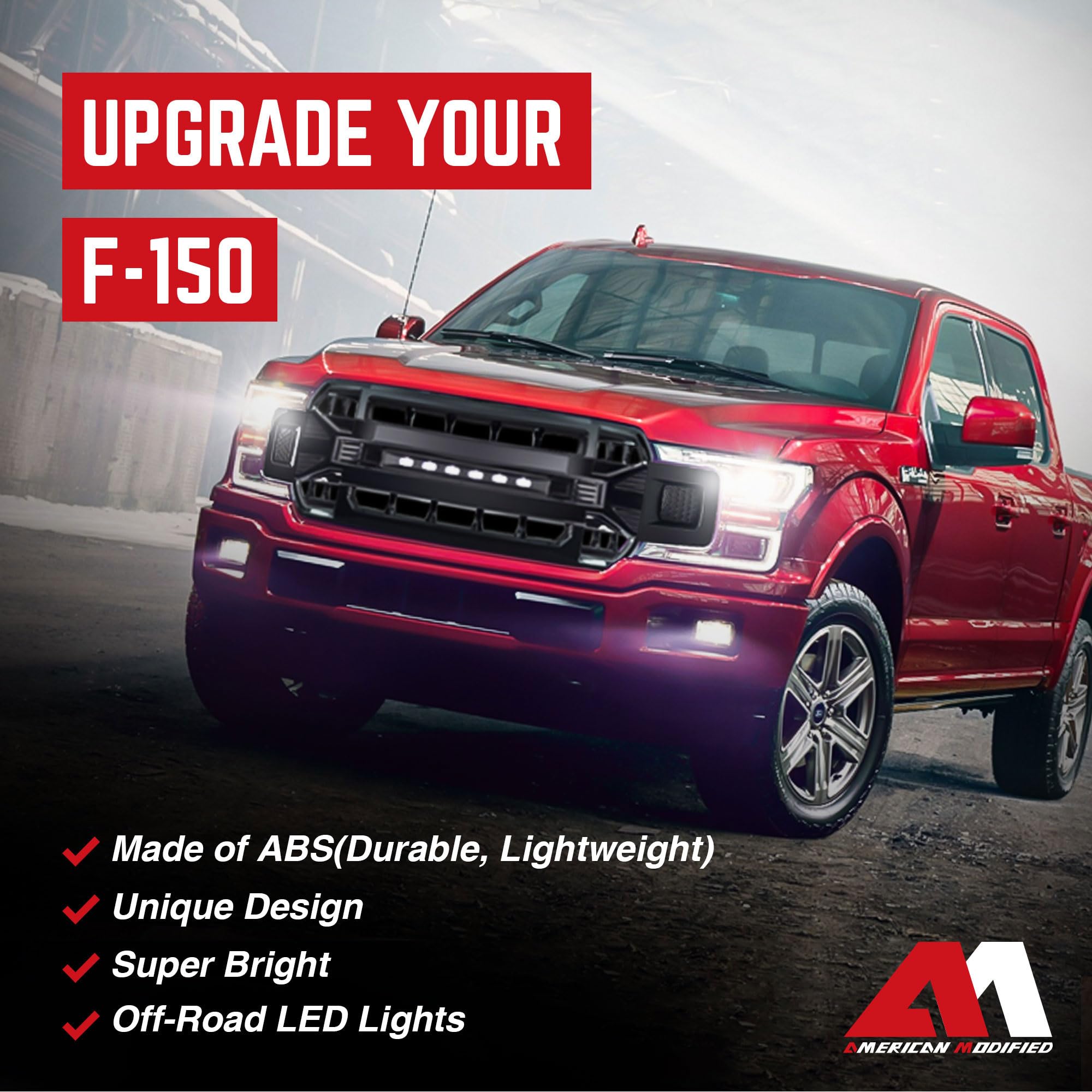 2018-2020 Ford F150 Direct Fit Replacement Front Grille with Off-Road Lights | Glossy Black Armor Grille | Perfect for Off-Roading & Truck Customization