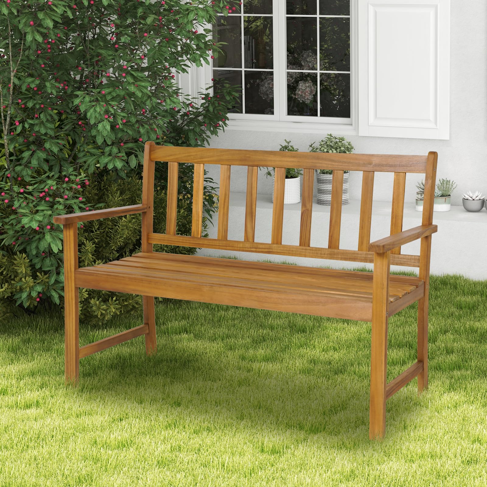 **HAPPYGRILL 2-Person Outdoor Wooden Bench with Ergonomic Backrest & Armrests - All-Weather Acacia Wood Patio Loveseat for Garden, Balcony, Poolside, Porch & Deck - Perfect for Relaxing & Entertaining Outdoors**