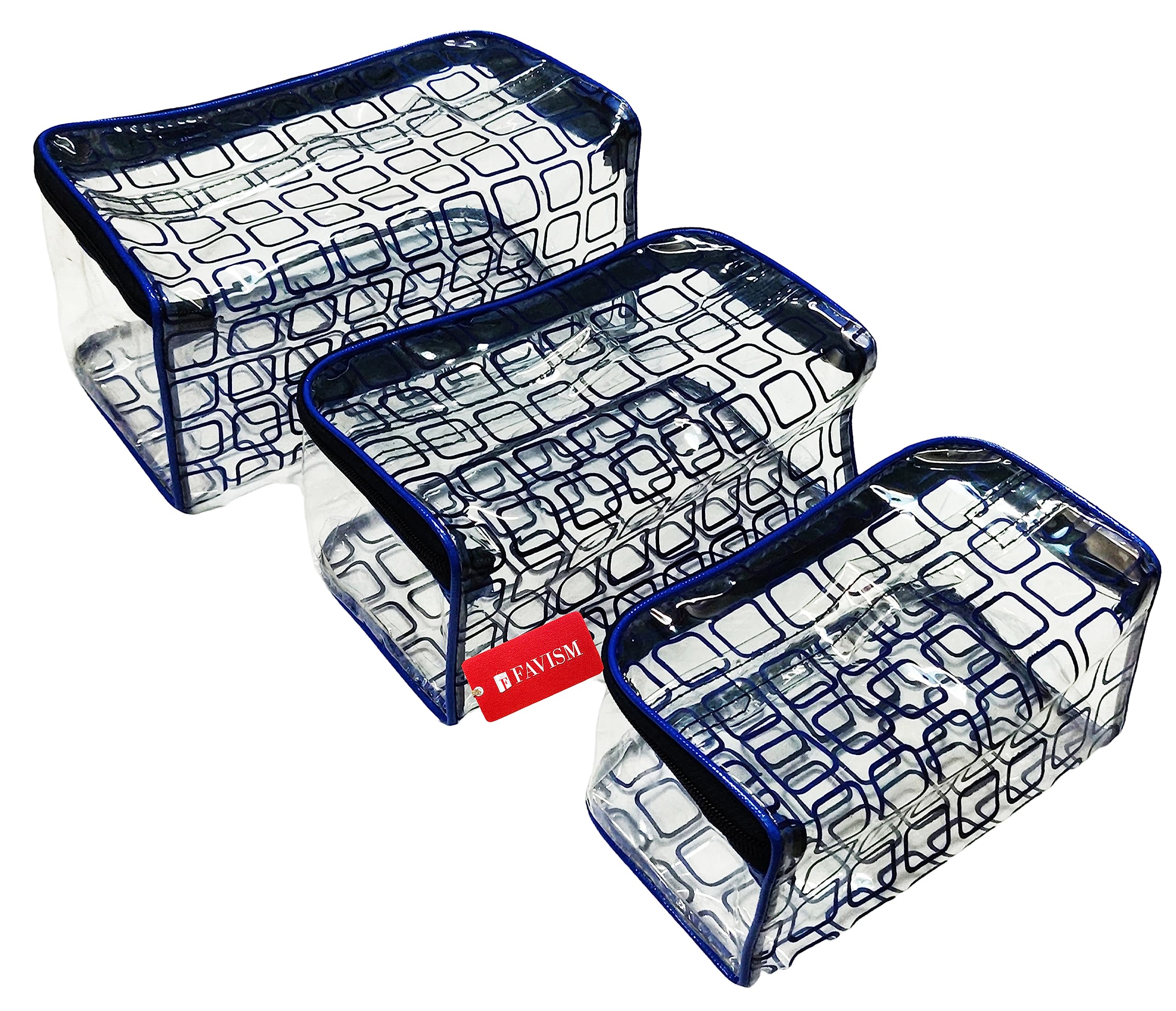FAVISM Designer Multi-Purpose Cosmetic Pouch Set of 3 - Waterproof Makeup Bag for Travel, Gym & Daily Use | Blue Makeup Organizer for Cosmetics, Brushes & Accessories