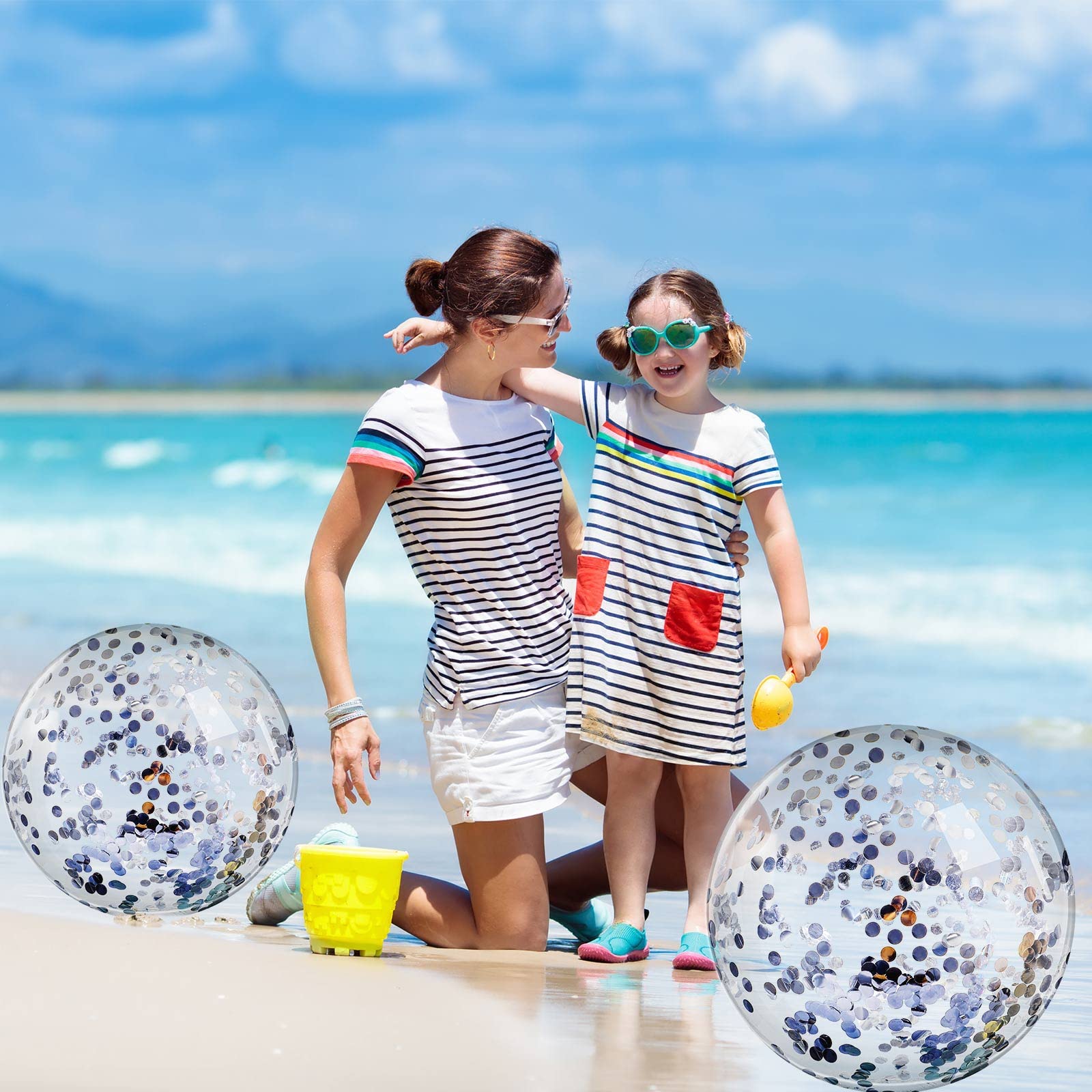 6-Pack 16-Inch Inflatable Glitter Beach Balls with Confetti - Silver Round Pool Party Decorations for Summer, Birthday, Christmas & Outdoor Events | Perfect for Beach Parties, Poolside Fun & Holiday Celebrations