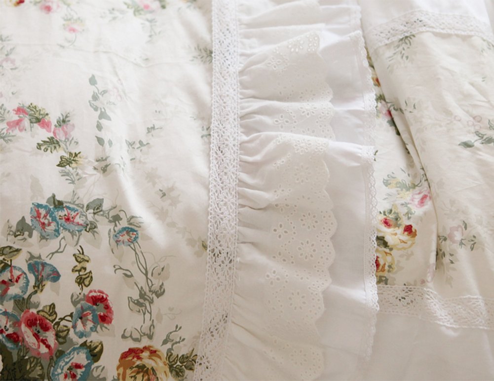 100% Cotton White Duvet Cover Set with Ruffle Frill & Flower Design - 4pc Queen Size Bedding for Master Bedroom & Guest Room Decor