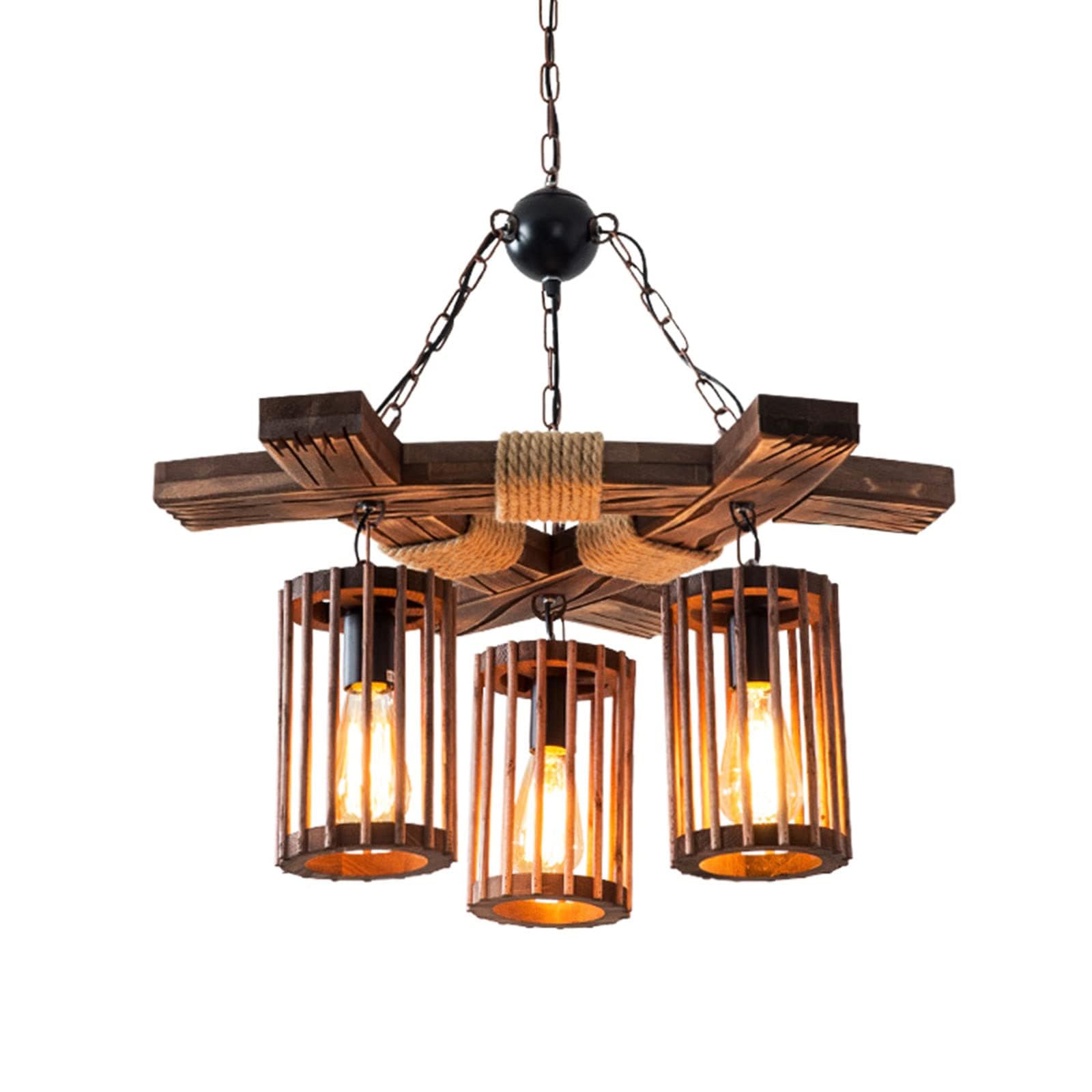 OUKANING 3-Light Industrial Vintage Wooden Hanging Pendant Light - Retro Loft Lantern Chandelier - Farmhouse Suspension Lighting Fixture for Coffee Shop, Restaurant, Kitchen Island & Home Decor