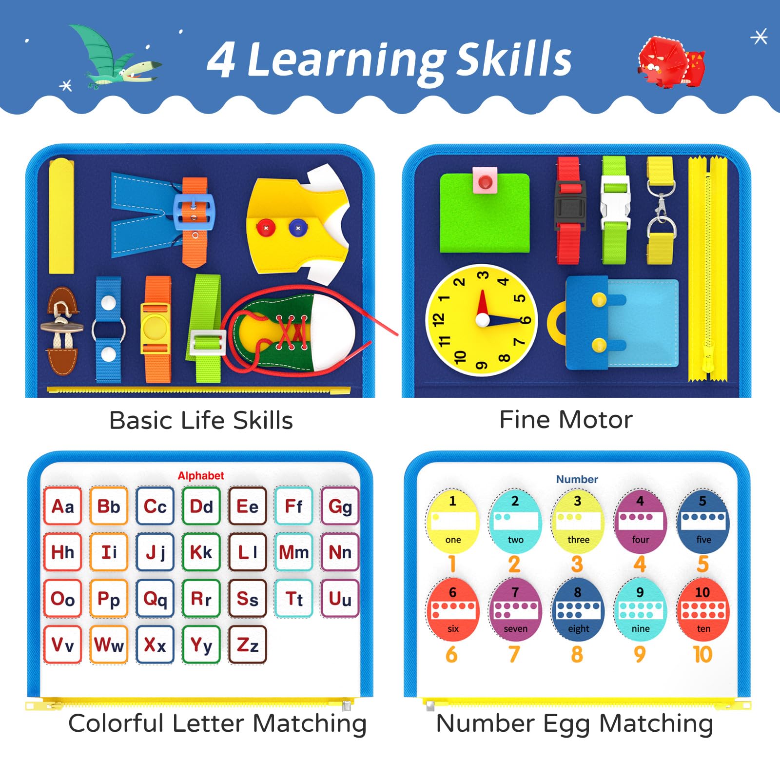 Montessori Busy Board Sensory Toys for Toddlers 1-4 Years Old - Educational Travel Activity Toy for Boys & Girls - Dinosaur Theme Learning Toy for Airplane, Car Rides & Home Play