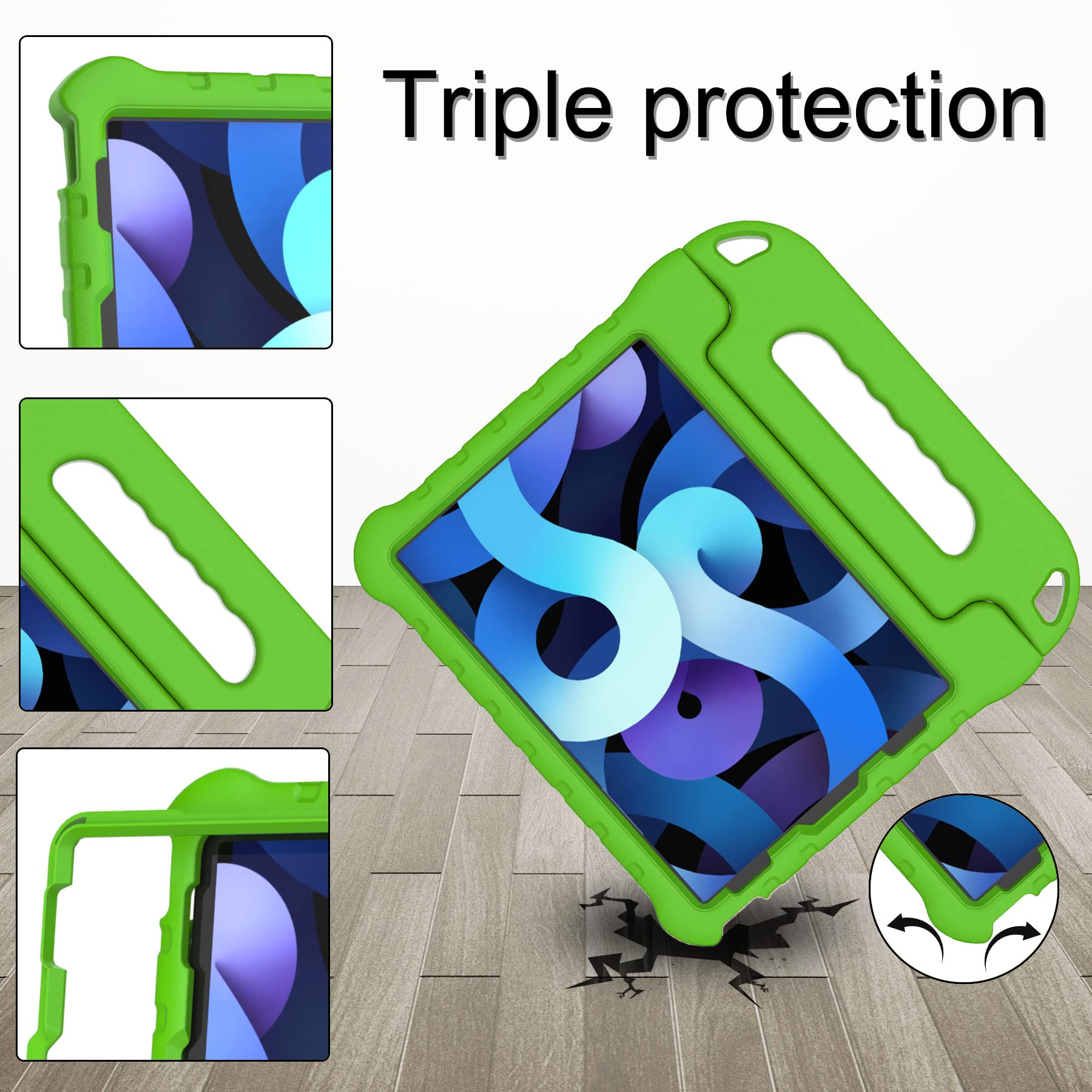 Shockproof Kids iPad Air 5th/4th Gen Case (10.9 inch 2022/2020) & iPad Pro 11 Case (2021/2020/2018) with Screen Protector & Pencil Holder - Green Protective Cover with Handle Stand for School, Travel & Home Use