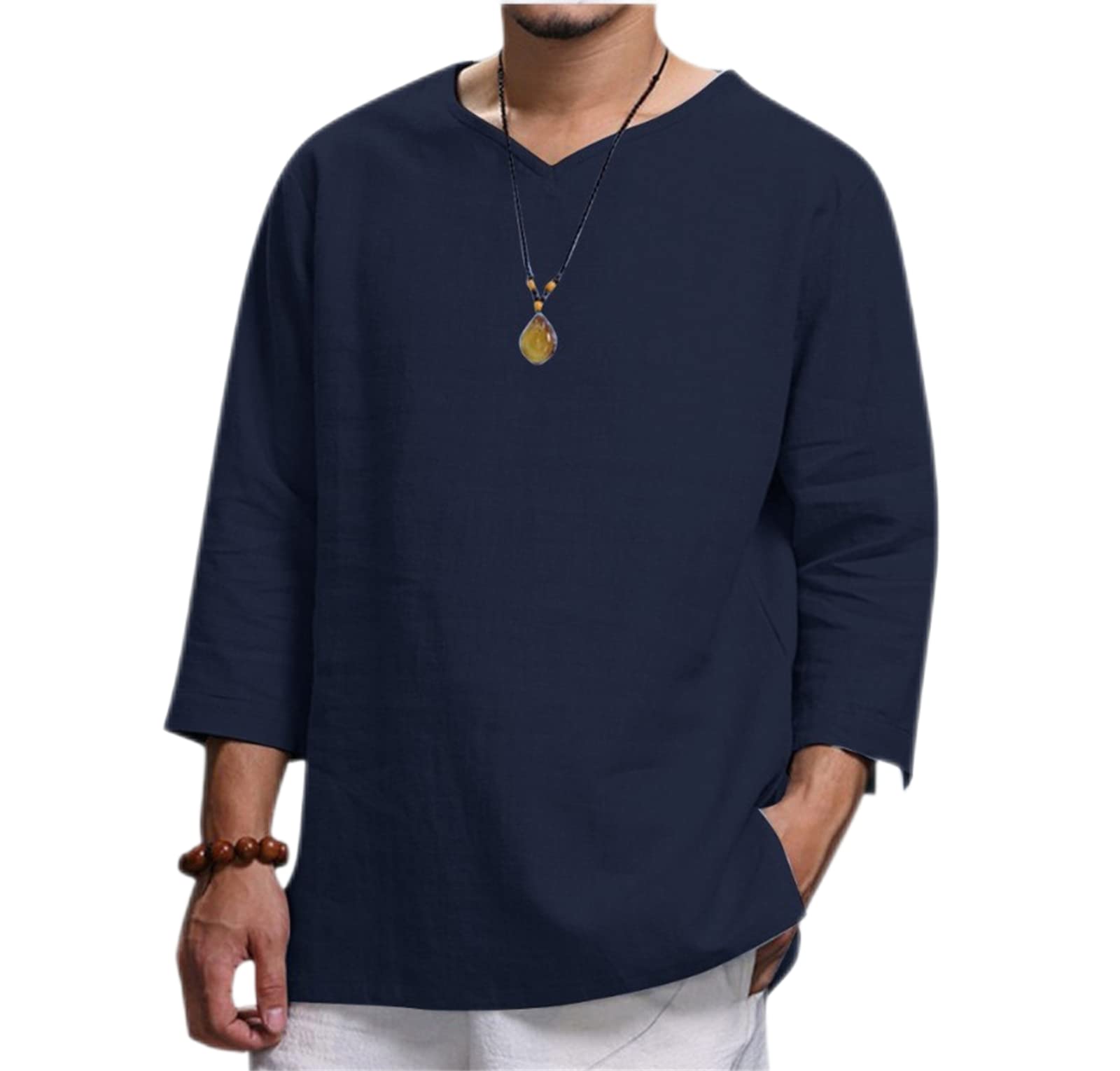 YawYews Men's Cotton Linen Shirt - Long Sleeve Henley Casual V-Neck Loose Fit Button Down Shirt for Men | Breathable Summer Shirt for Outdoor Activities, Beach Wear & Casual Office Outfits