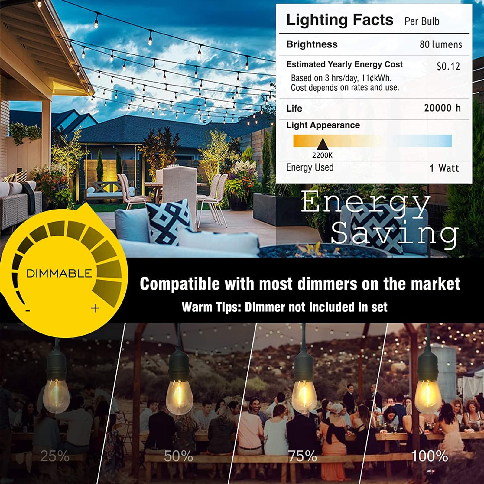 150ft LED Outdoor String Lights Waterproof - 50 Shatterproof Dimmable Edison Bulbs for Patio, Garden, Gazebo, Bistro | Warm White Connectable Lights for Wedding, Birthday Party & Backyard Decor
