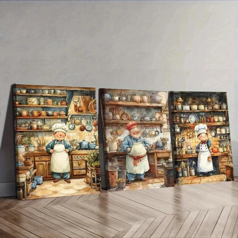3-Piece Whimsical Chef Wall Art Set - Framed Canvas 50x70cm - High Quality Print - 100% Australian Made - Ready to Hang - Perfect for Kitchen Decor & Restaurant Wall Art