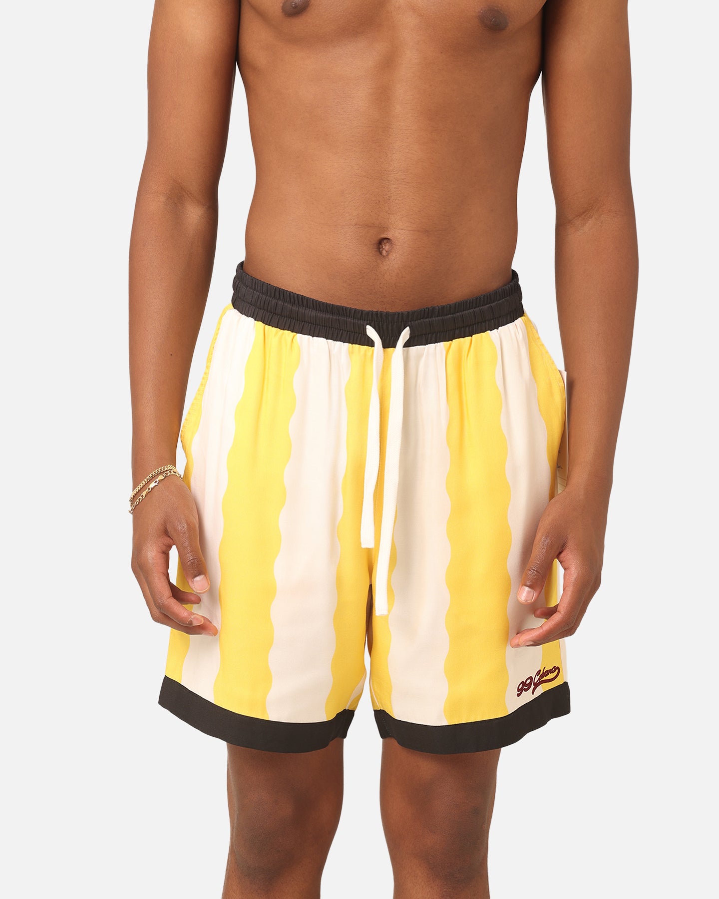 99 Cabana Bowling Shorts for Men - Comfortable Yellow/Off White Casual Shorts for Summer, Beach, and Outdoor Activities