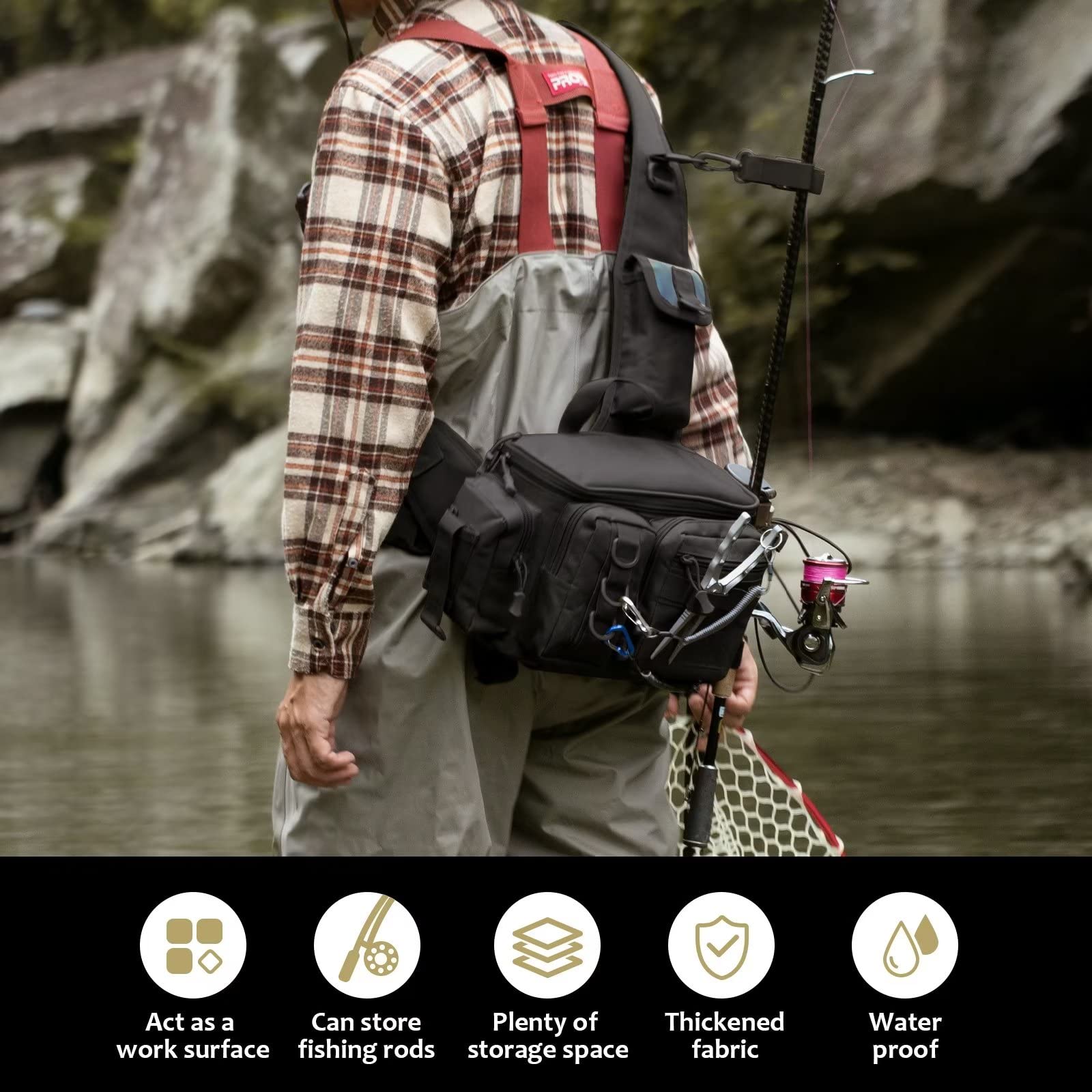 THKFISH Fishing Tackle Bag - Waterproof Fly Fishing Sling Pack with D-Rings & Adjustable Waist Strap - Portable Waist Pack for Fly Fishing, Bass Fishing & Outdoor Adventures (Black)