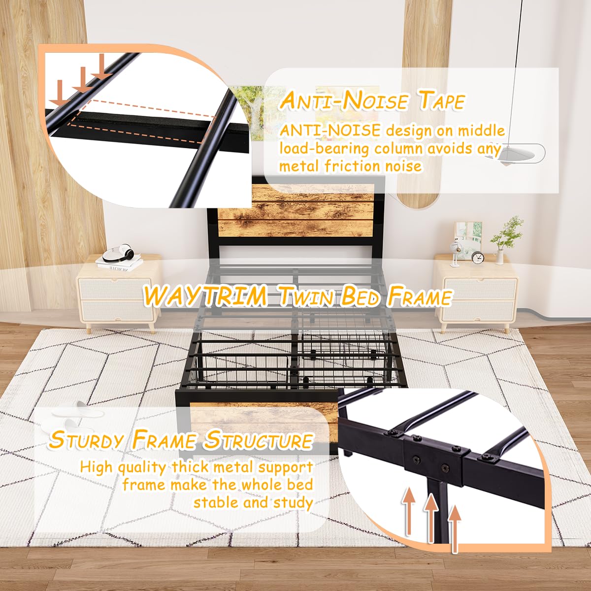 WAYTRIM Twin Platform Bed Frame with Wooden Headboard & Footboard - Industrial Metal Slat Support, No Box Spring Needed, Includes 2 Underbed Rolling Storage Carts - Retro Brown Finish - Perfect for Teens, Kids & Adults Bedrooms, Dorm Rooms or Guest Rooms