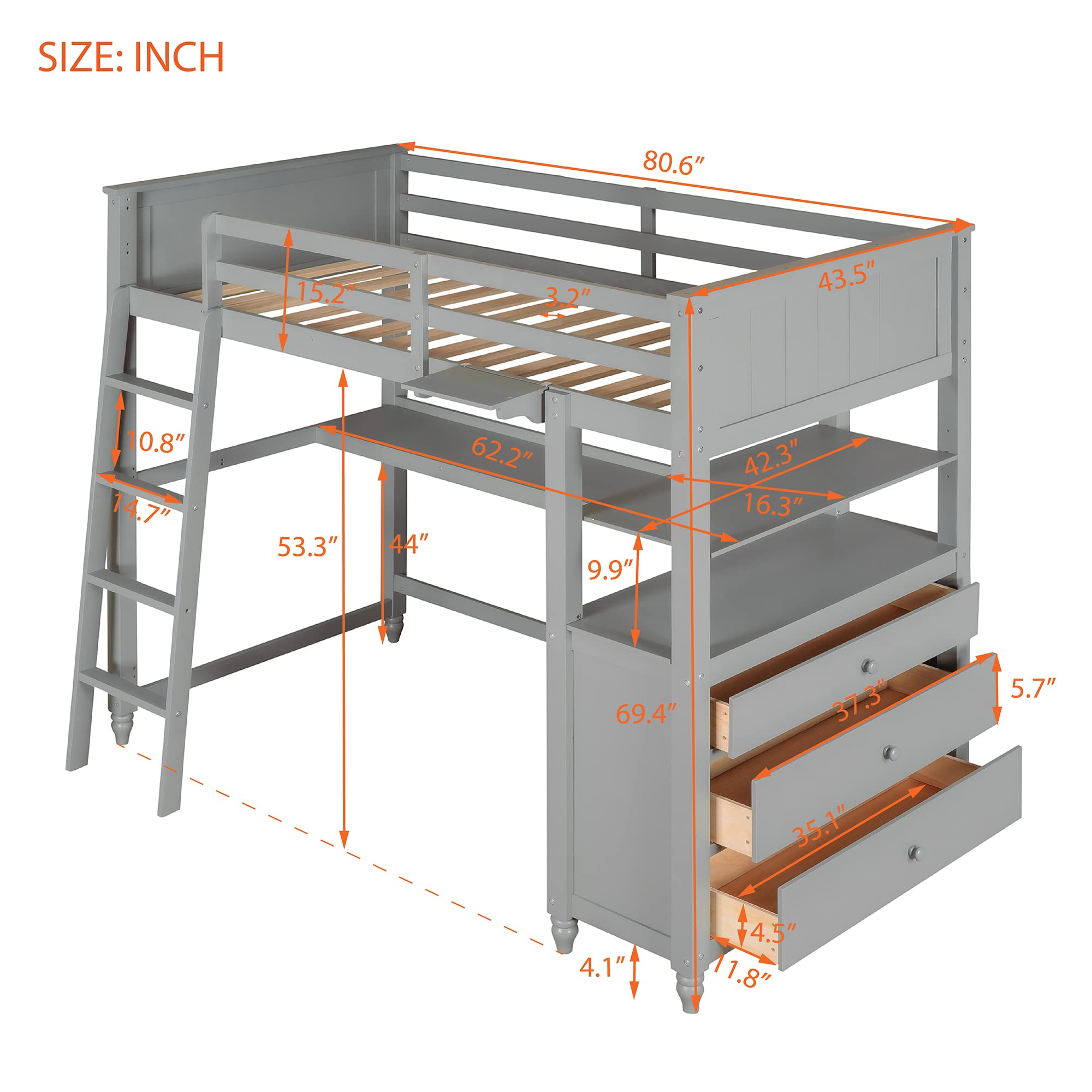 Merax Twin Size Loft Bed with Desk & Ladder - Sturdy Wood Loft Bed Frame with Storage Drawers and Shelves, Space-Saving Gray Bed for Kids & Teens - Perfect for Small Bedrooms, Dorm Rooms & Studio Apartments