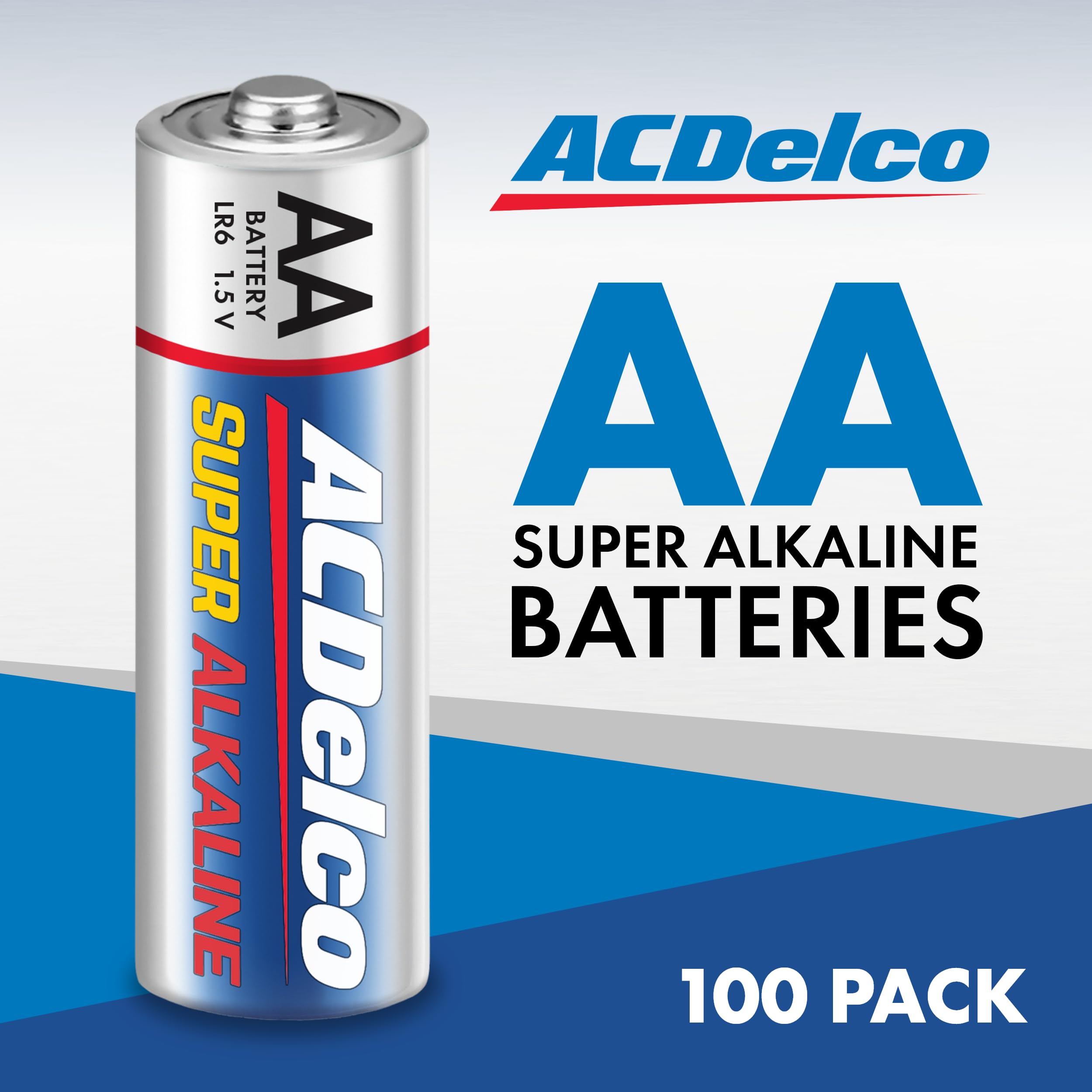ACDelco 100-Count AA Super Alkaline Batteries - Maximum Power, 10-Year Shelf Life, Reclosable Packaging - Perfect for Toys, Flashlights, Remote Controls & Emergency Kits