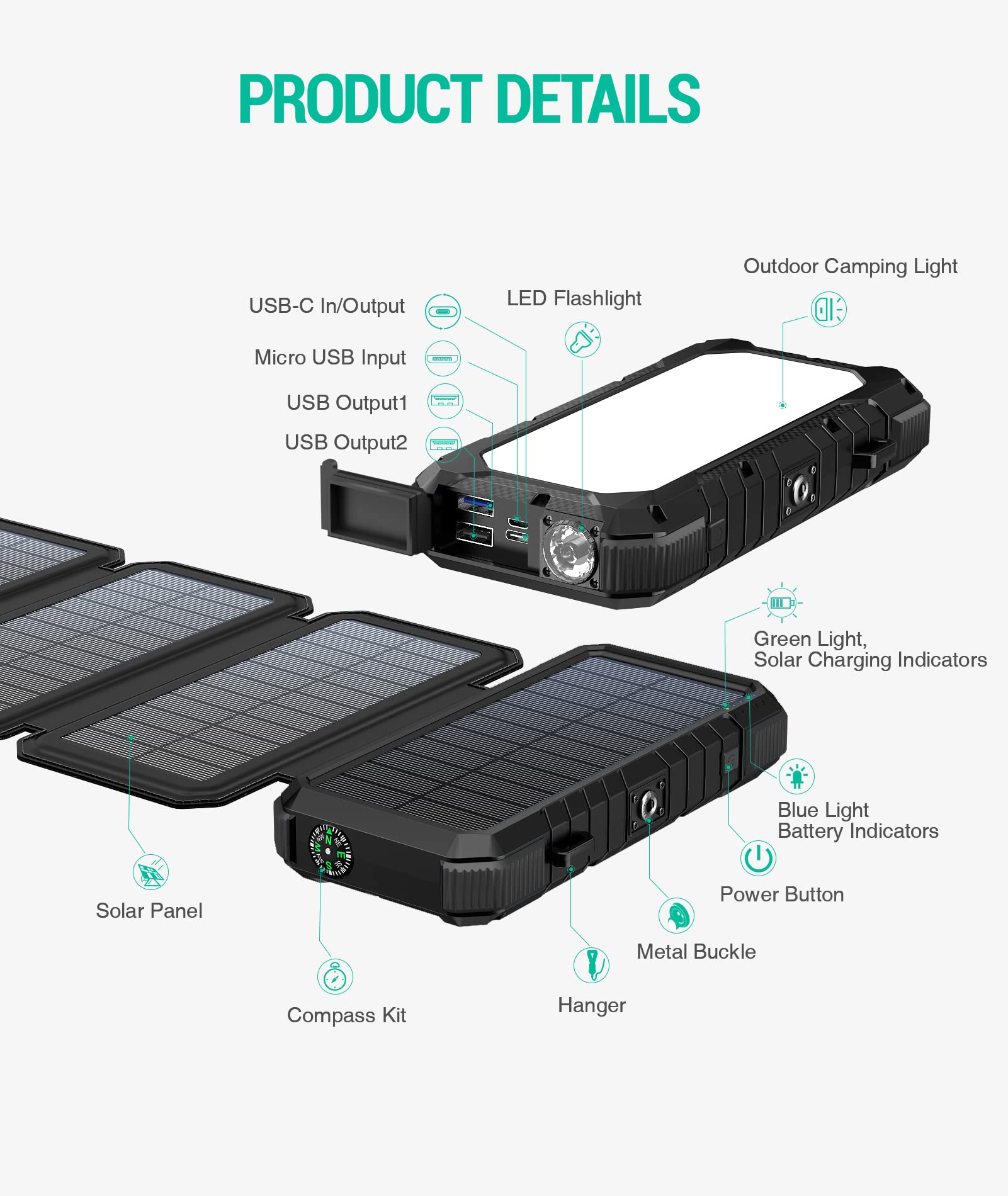 20,000mAh Solar Phone Charger 2-Pack - 18W PD Fast Charging with Wireless & Foldable Solar Panel (W12-Orange, W12Pro-Black) | Portable Power Bank for Camping, Hiking, Travel & Emergency Power Outages