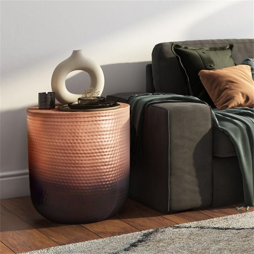 Small Boho End Table - Round Accent Bedside Nightstand for Living Room & Small Spaces | Narrow Metal Sofa Side Table with Rustic Circle Design | Antique Brown Copper Gradient Ombre Finish | Perfect for Apartments, Dorms & Cozy Home Decor