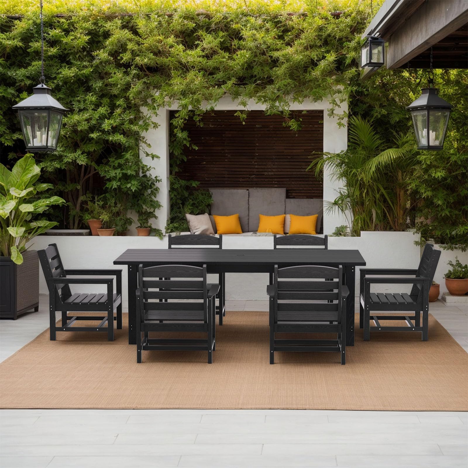 TenKa 7-Piece HDPE Patio Furniture Set for 6 People - Durable Outdoor Dining Table with 6 Chairs & Umbrella Hole - Perfect for Garden, Backyard, Lawn, Poolside & Outdoor Entertaining