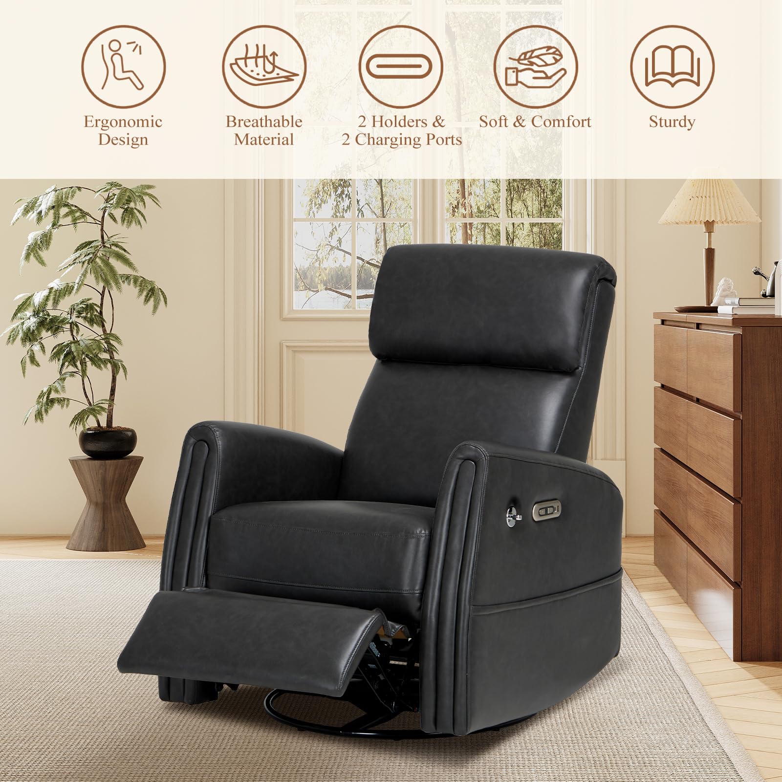 COLAMY Power Swivel Recliner Glider Rocking Chair with USB Charging Ports - Comfortable Nursery Chair for Baby Room, Living Room Accent Armchair & Bedroom Recliner - Charcoal Gray - Perfect for Nursing, Relaxing & Small Space Furniture