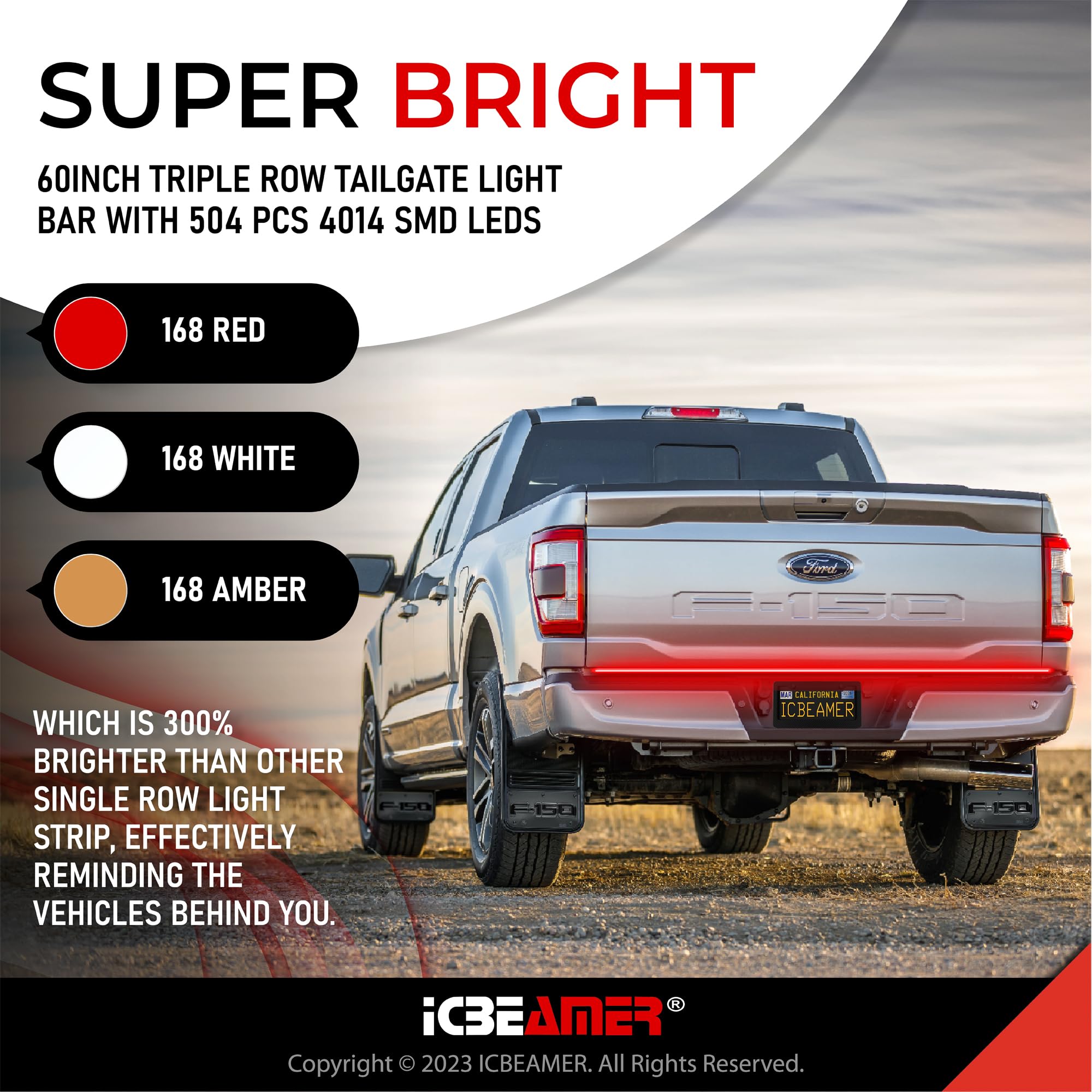 ICBEAMER 60-Inch Triple Row 504 LED Light Bar for Pickup Trucks - Waterproof IP67 Tailgate & Bed Lighting with 6 Functions (Brake/Turn Signal/Sequential/Reverse/Flashing) - Perfect for Off-Roading, Camping & Nighttime Safety