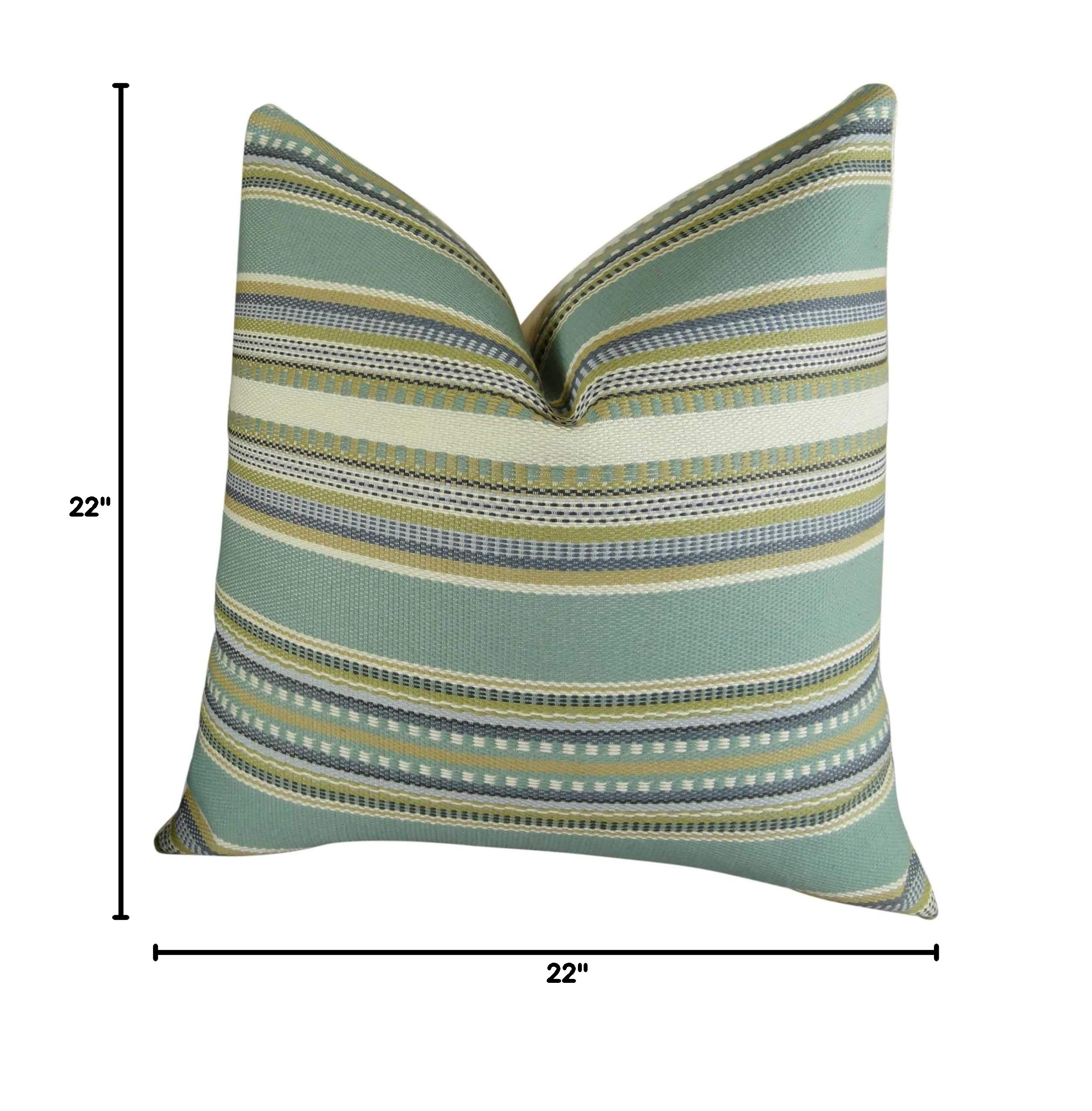 Plutus Chic Stripe Aloe Handmade Throw Pillow 22x22 Inch - Light Blue Green Cream Decorative Cushion for Sofa, Bed, Living Room & Home Decor