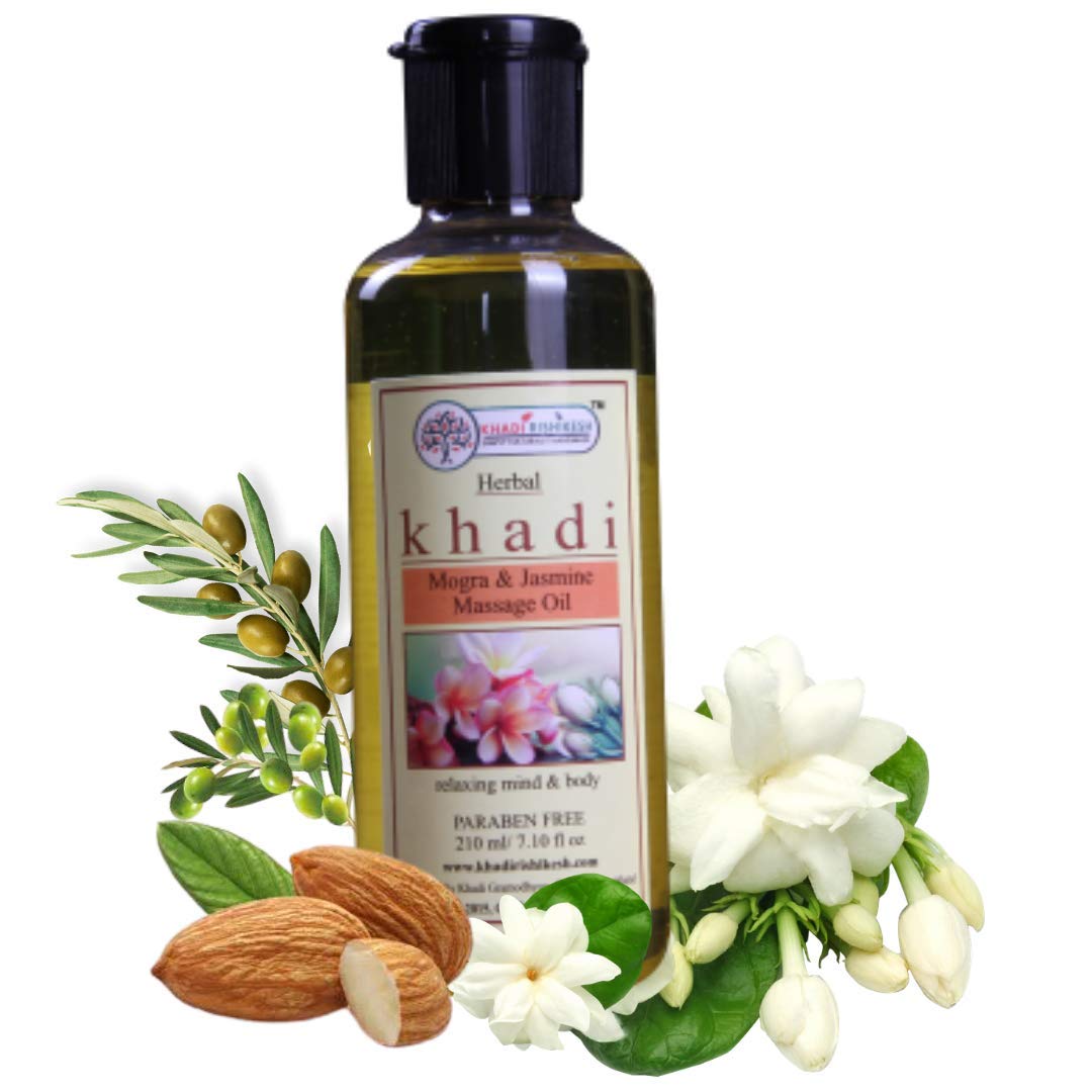 KHADI RISHIKESH Ayurvedic Body Massage Oil with Mogra Jasmine - Full Body Relaxation, Stress Relief & Skin Glow | Infused with Olive Oil, Sesame Oil & Almond Oil | Paraben-Free, Unisex 210ml | Perfect for Spa Days, Yoga Sessions & Self-Care Routines