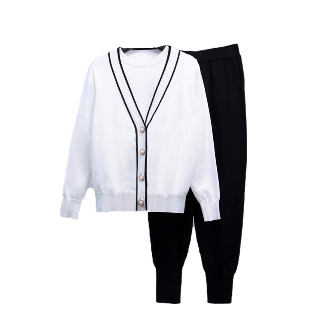 Winter Women's Fashion Pearl Button T-Shirt Patchwork Knitted Cardigan Coat Pants 3-Piece Outfit Set - Cozy Winter Wear for Office, Dating & Casual Outings