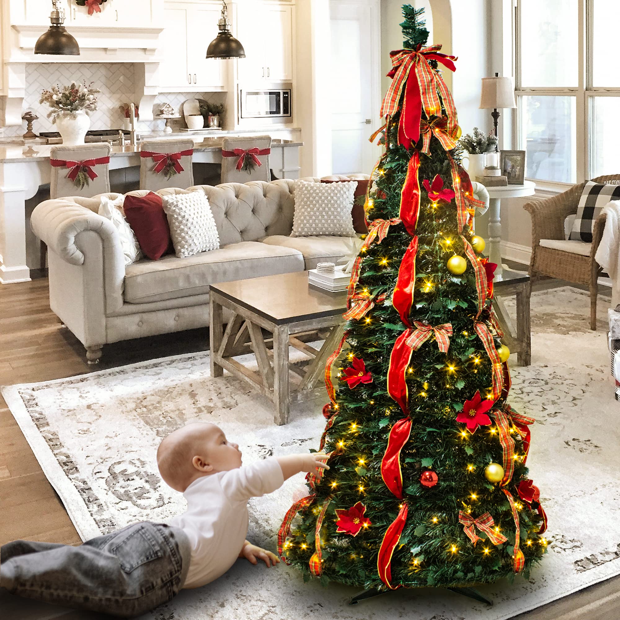6FT Pre-Lit Pop-Up Christmas Tree with Red Ribbon Bow & Sparkling Ball Ornaments - Indoor/Outdoor Artificial Holiday Decor for Living Room, Porch, Office & Party Decorations