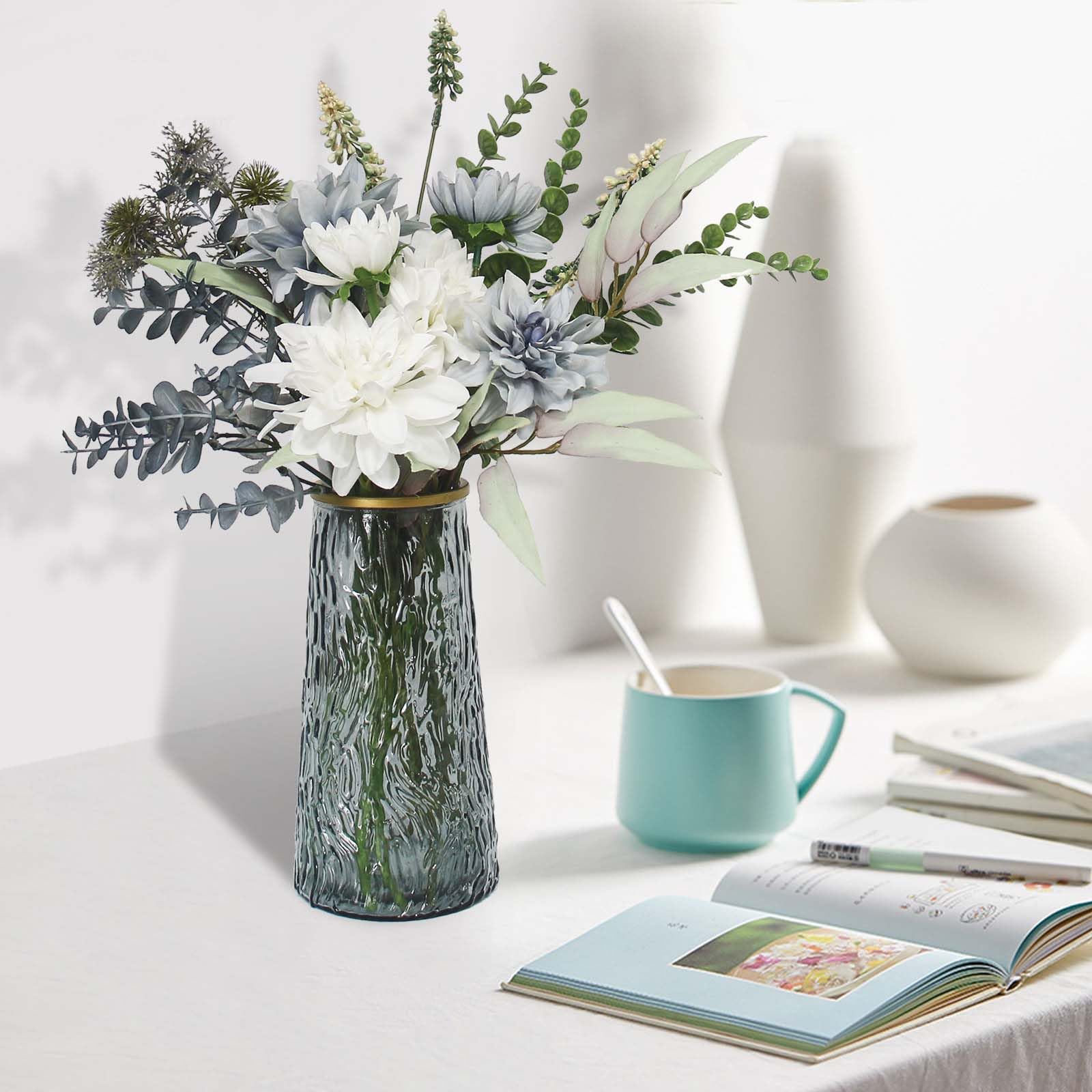 Premium Artificial Flowers in Vase - Elegant Faux Floral Centerpiece for Dining Table, Coffee Table & Kitchen Decor - Perfect Home Decor for Living Room, Wedding & Office