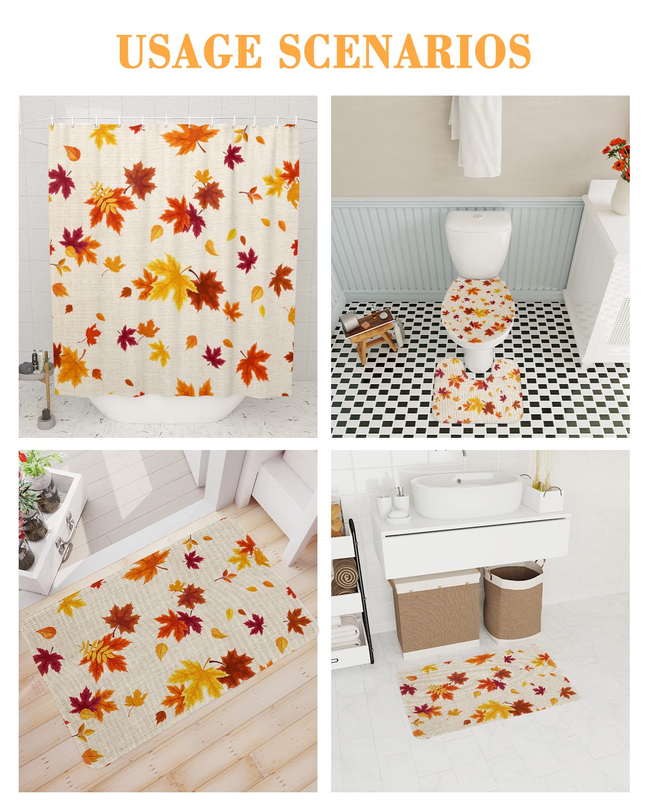 4PCS Fall Harvest Thanksgiving Shower Curtain Set - Autumn Leaf Bathroom Decor with 72x72in Curtain, Bath Mat & Toilet Cover | Seasonal Home Decor for Thanksgiving & Cozy Bathroom Makeover