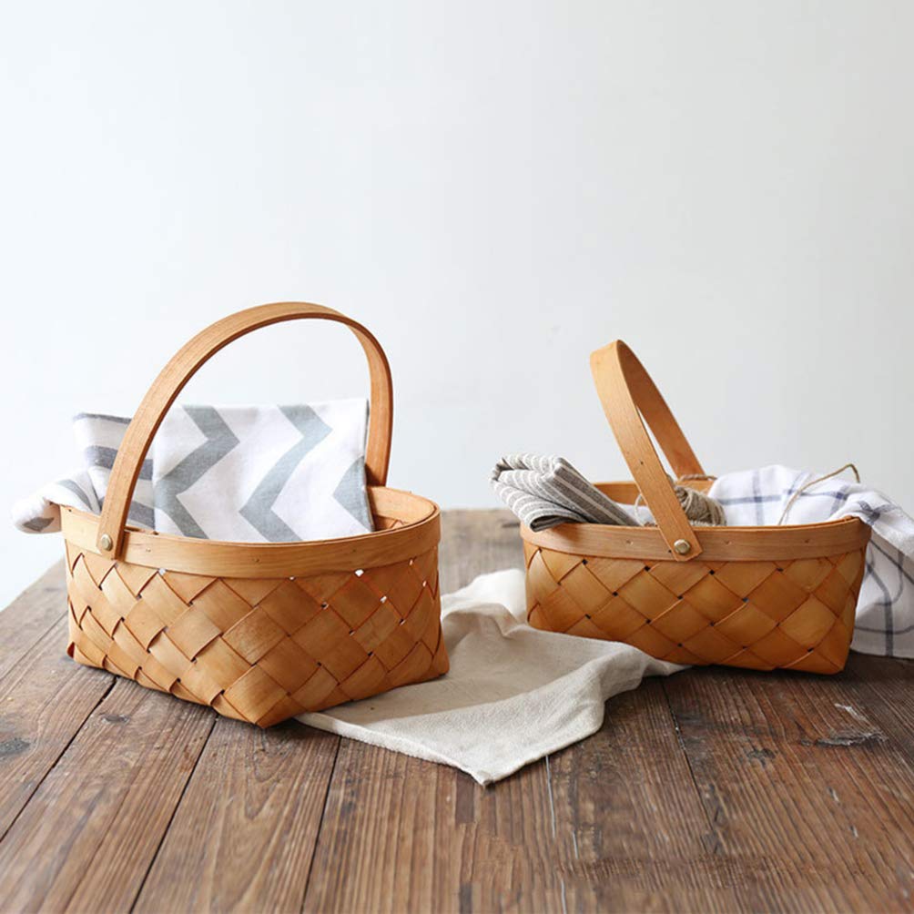 Natural Woven Wooden Picnic Storage Basket with Folding Handles - Easter Basket, Closet Organizer, Bath & Kids Toy Storage Container - Perfect for Outdoor Picnics, Home Organization & Playroom Storage